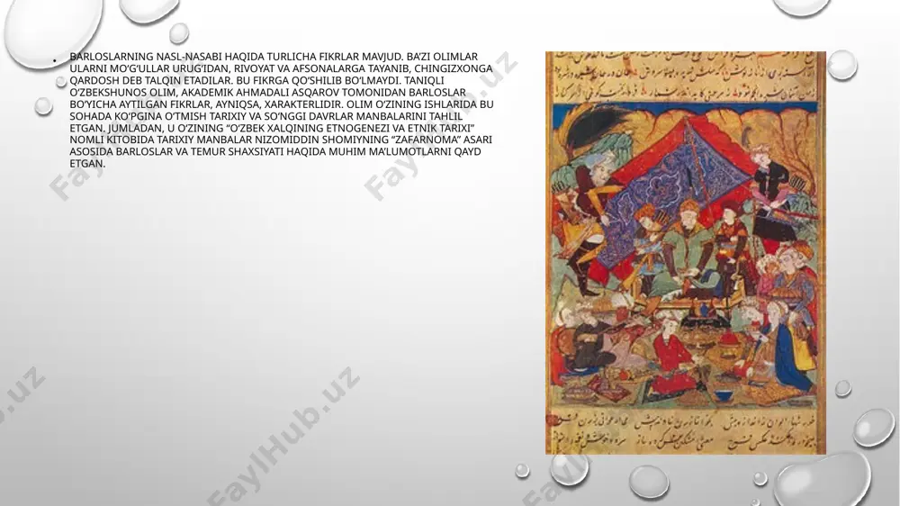 ir temur o„gitlari. toshkent, 1992. 8. fayziev t. temuriylar shajarasi. toshkent, 1995. eʼtiboringiz uchun raxmat! image3.png image4.jpeg image5.jpeg image6.jpeg image7.jpeg image8.jpeg image9.jpeg image10.jpeg image11.jpeg image1.png