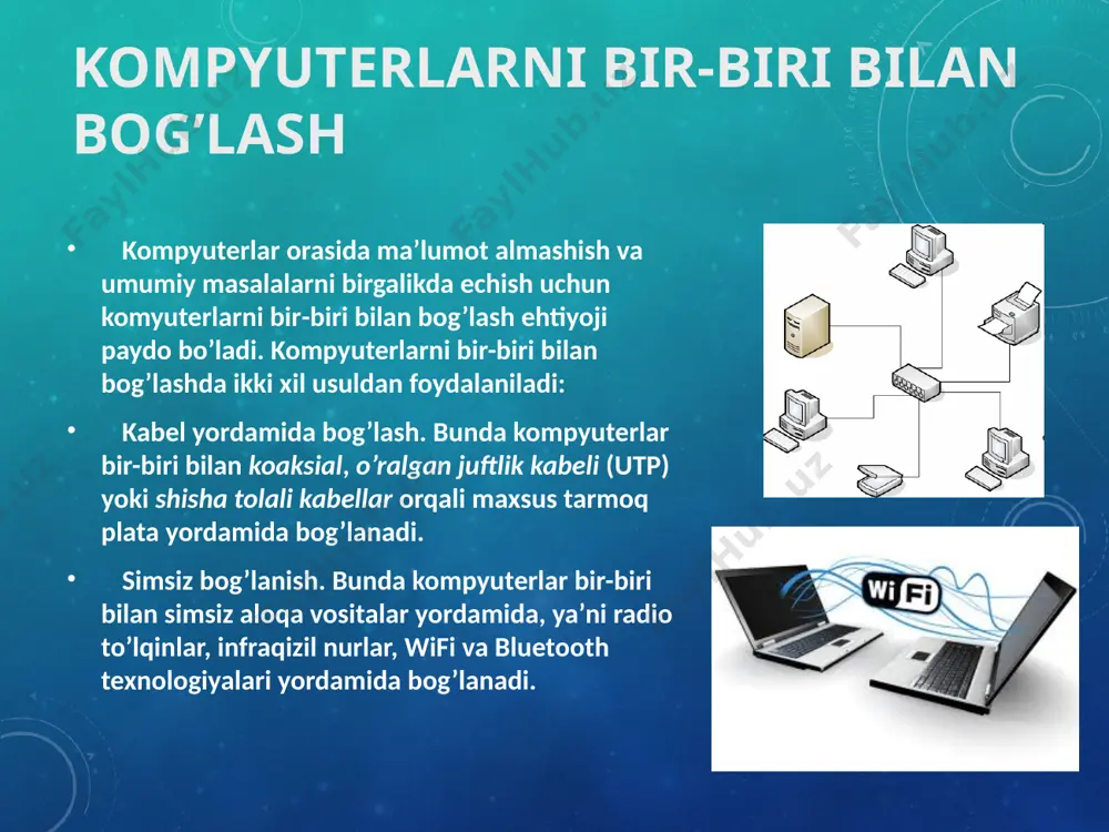 axborotni uzatish tezligi birliklari : bit/sekund – bir soniyada aloqa muhiti orqali uzatiladigan bitlar soni; kbit/sekund – bir soniyada aloqa muhiti orqali uzatiladigan minglab yaxlitlangan bitlar soni; mbit/sekund – bir soniyada aloqa muhiti orqali uzatiladigan millionlab yaxlitlangan bitlar soni; gbit/sekund – bir soniyada aloqa muhiti orqali uzatiladigan milliardlab yaxlitlangan bitlar soni. axborot kanallarining sig’imi ular orqali ma’lum vaqt oralig’ida uzatiladigan axborot hajmi bilan belgilanadi. bu o’z navbatida axborot kanallarining o’tkazish qobilyatini anglatadi. ta’lim muassasalarida kompyuter tarmoqlari, ular asosida echiladigan masalalar oliy ta’lim muassasalari, kasb-hunar kollejlari va akademik litseylar va maktablarning kompyuter tarmoqlari hamda ular asosida echiladigan masalalar quyidagilardan iborat: axborotni tashkil qilish va izlab topish; zamonaviy axborot texnologiyalari yordamida axborot va bilimlarni almashishga imkoniyatini yaratish; fanlardan bilimlarini chuqurlashtirish uchun qo’shimcha ma’lumotlarni tarmoqdan qidirish; talabalrning fanlardan mustaqil ishlarni bajarish; elektron kutubxonadagi manbalardan foydalanish; masofaviy ta’lim olish; hisobotlar tayyorlash va uzatish; elektron hujjat almashishni tashkil qilish; talabalar ota-onalari farzandlarining o’zlashtirishi va davomatini …