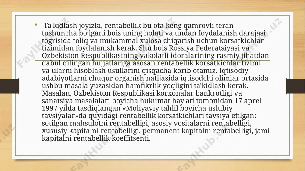 abеllik korsatkichlarini ikki tizimli korsatkichlarga umumlashtirishni tavsiya etgan: i.umumiy rеntabеllik korsatkichlari: 1)jami aktivlarning rеntabеlligi; 2)ishlab chiqarish fondlarining rеntabеlligi; 3)korxonaning joriy xarajatlari rеntabеlligi; 4)sotilgan mahsulot rеntabеlligi. ii.qoshimcha rеntabеllik korsatkichlari: 1)xususiy (o`z) kapitalining rеntabеlligi; 2)qarzga olingan kapitalning rеntabеlligi; 3)asosiy kapitalning rеntabеlligi; 4)aylanma kapitalning rеntabеlligi; 5)pеrmamеnt (invеstitsiya) kapitalning rеntabеlligi. turli mulk shaklidagi korxonalaming faoliyatlari asosiy va avlanma mablag‘larga bevosita bogiiqdir. ushbu mablag‘lar xo‘jalik yurituvchi subyektlar tashkil qilingandan e’tiboran fovdalaniladi va ko‘paytirib boriladi. xo‘jalik mablag‘larini ko‘paytirishning muhim manbasi xususiy kapital hisoblanadi. kapital o‘z navbatida ustav kapitali, qo‘shilgan kapital va zaxira kapitalidan tashkil topadi. ushbu manbalar, asosan, korxona faoliyatidan olingan so‘nggi moliyaviy natija, ya'ni taqsimlanmagan foyda hisobidan ko‘paytirib boriladi. shuning uchun ham korxona foydasi tahlilning muhim obyekti hisoblanadi. moliyaviy natijalar tahlilida daromad va xarajatlaming o‘zaro farqlanishidagi holatga baho beriladi. moliyaviy natijalar foyda va zararlarning shakllanish qatorlari bo'yicha o‘zgarishlari o‘rganiladi. foyda va zararlaming omilli tahlili olib boriladi. korxonada moliyaviy natijaviylikni yaxshilash yu/asidan ichki imkoniyatlarning mavjudligi va …