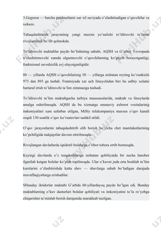 tirib olib borish bo’yicha chet mamlakatlarining ko’pchiligida tadqiqotlar davom ettirilmoqda. rivojlangan davlatlarda iqtidorli bolalarga e’tibor tobora ortib bormoqda. keyingi davrlarda o’z tengdoshlariga nisbatan qobiliyatda bir necha barobor ilgarilab ketgan bolalar ko’plab topilmoqda. ular o’kuvni juda erta boshlab ta’lim kurslarini o’zlashtirishda katta shov — shuvlarga sabab bo’ladigan darajada muvaffaqiyatlarga erishadilar. shunday iktidorlar maktabi g’arbda 60-yillardayoq paydo bo’lgan edi. bunday maktablarning o’kuv dasturlari bolalar qobiliyati va imkoniyatini to’la ro’yobga chiqarishni ta’minlab berish darajasida murakkab tuzilgan. iqtidorli bolalarga qarama - qarshi qutbda turgan aqli zaif o’quvchilarning taqdiri xam chet ellik xamkasblarni tobora tashvishlantirmoqda, bunday xolni kelib chiqish sabablarini o’rganish, oldini olish bo’yicha ko’pgina profilaktik ishlar olib borilmoqda va ular uchun maxsus maktablar ochilmoqda. lekin statistik ma’lumotlar bunday bolalar soni tobora oshib borayotganligini ko’rsatayotir. 70- yillarda aqsh da kelajak maktabi umummilliy loyixasini amalga oshirishga kirishildi. bu eksperiment mazmuni o’qituvchi buyrug’i bilan ish tutish, ko’proq o’quvchilarga mustaqil ishlash imkoniyatini berishdan iborat. ta’lim tarkibi sinfda ishlash, …
