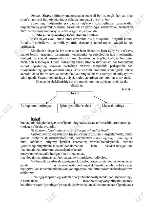 larda ham jismoniy, ham ruhiy jihatdan o‟sishi, o‟zgarishi tufayli shaxs sifatida kamolga yetadi, bunda berilayotgan tarbiya maqsadga muvofiq ta‟sir etishi natijasida bola jamiyat a‟zosi sifatida kamol topib, murakkab ijtimoiy munosabatlar sistemasida o‟ziga munosib o‟rin egallaydi. anatomik va fiziologik harakterdagi o‟zgarishlar jismoniy rivojlanishga taalluqlidir. odam bo‟yining o‟sishi, gavda og‟irligining ortib borishi, gavda tuzilishining o‟zgarishi, qon bosimi, o‟pka sig‟imi, tayanch-harakat apparatining holati va boshqalar jismoniy rivojlanish ko‟rsatkichlaridir. ruhiy jarayonlar va bola ruhiyatidagi o‟zgarishlar, chunonchi, diqqat va xotira darajasi, tafakkur xususiyatlari, so‟z boyligi hamda nutqning rivojlanganlik darajasi va boshqalar ruhiy rivojlanishga taalluqlidir. shaxs rivojlanishida u yoki bu faoliyat turlari (o‟yin, o‟qish, mehnat va boshqalar)ning turli yoshdagi faoliyatlar mazmuni (maqsadga yo‟naltirilganlik, harakatning ongli, rejali bo‟lishi, ularning samaradorligi va h.k) shuningdek, aloqa, muomala hamda kishilar o‟rtasidagi ijtimoiy munosabatlar mazmuni, ijtimoiy- axloqiy me‟yorlarga bo‟ysunish, ijtimoiy burchni anglash, unga nisbatan mas‟ullik kabi xususiyatlar ham muhim ahamiyatga ega bo‟ladi. shaxsning shakllanishida shaxsiy hislat va sifatlarning rivojlanib, taraqqiy etib …