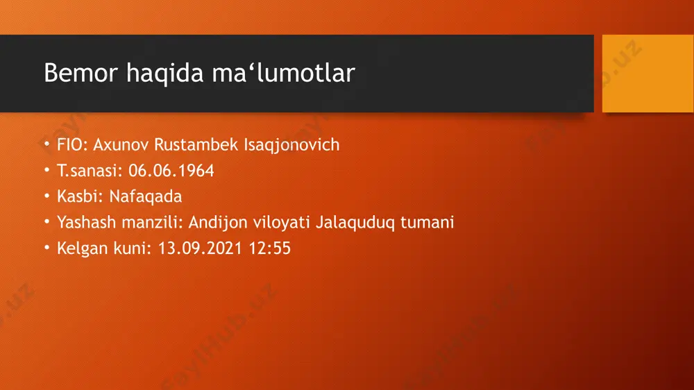 gaymagan. auskultatsiyada yurak tonlari bo`g`iqlashmagan 120/80 mm.sm.ust. yuqs-70 ta min, puls 71 ta ikkala qo’lda, ritmik. ovqat hazm qilish sistemasi: shikoyati: qorinda shishga, ishtaxasizlikka og`iz bo`shlig`i toza, tili karash bilan qoplangan. qorni yumshoq, yuzaki palpatsiyada og’riqli. jigar va taloq paypaslanmaydi. qorin bo’shlig’i oldingi devoir venalarining kengayishi (meduza boshi) aniqlanmaydi. perkussiyada perkutor tovush timpanik. auskultatsiyada ichaklar harakati sust. ich kelishi regulyar. umumiy ko`rik peshob ajratish sistemasi: shikoyati yo’q ob’ektiv: bel sohasida defiguratsiya anilanmaydi, shishlar yo’q, turtki belgisi ikki tomonlama manfiy, buyraklar paypaslanmaydi. siydik qopi palpatsiya og’riqsiz. diurez diuretiklar fonida mustaqil dastlabki tashxis asosiy: jigar sirrozi , alkogol etiologiyali, dekompensatsiya bosqichi. chayld pyu bo’yicha b sinf yondosh: qandli diabet, 2 tip, o’rta og’ir daraja, dekompensatsiya bosqichi asorati: portal gipertenziya. splenomegaliya. jigar ensefalopatiyasi 1 daraja tekshiruv rejasi rw, hbsag,hcv uqa qonning biokimyoviy tahlili: alt, ast, mochevina kreatinin, bilirubin, glukoza, koagulogramma utt (jigar taloq o’t qopi) umumiy qon tahlili gemoglobin 160g/l norma: erkak: 130-160g\l …