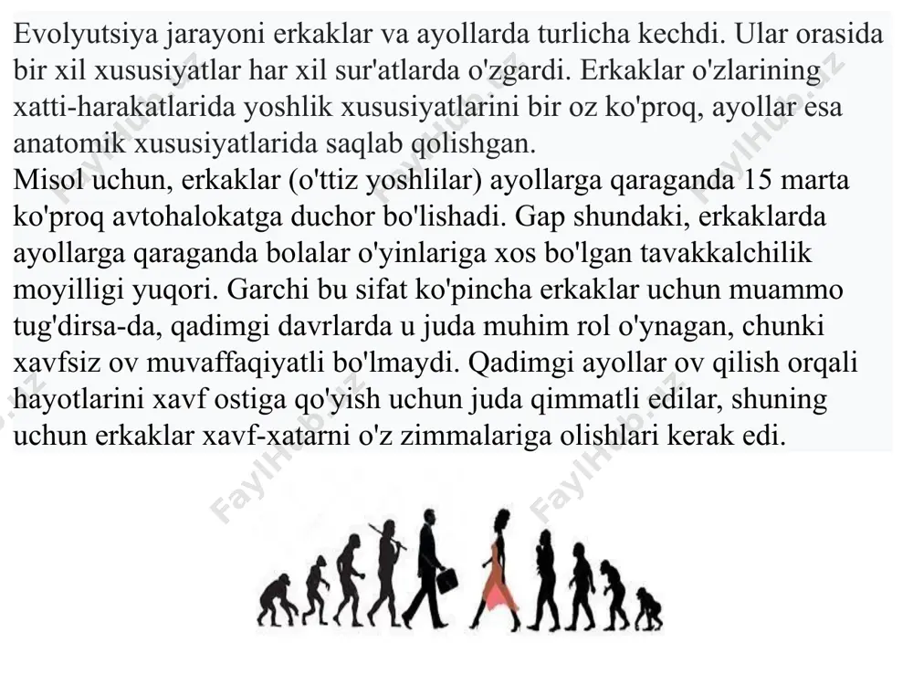 ida dnkdan olinadi, so'ngra tarjima jarayonida rnkdan oqsil olinadi. ushbu dogma bugungi kunda ham dolzarbdir. 60-yillarning boshlarida dnkning tuzilishi allaqachon shifrlangan edi va ular genlarni maxsus o'rganishni boshladilar. shotlandiyalik olim uin-edvards v.k.ning altruizm genetikasi haqida kitobi nashr etildi. unda u guruh tanlashga katta e'tibor berdi. ushbu guruh tanlovi o'sha paytda boshqa genetiklar tomonidan unchalik ma'qullanmagan va hozir ham shunday. garchi ushbu tanlov mavzusiga oid maqolalar tez-tez nashr etilmoqda. altruizm ( lot. alter - boshqa , boshqalar) - boshqalarning farovonligi uchun beg'araz g'amxo'rlik bilan bog'liq faoliyatni anglatuvchi tushuncha erkaklar va ayollar evolyutsiyada sezilarli darajada farq qiladi. ayol jinsi kelajak avlodlarga o'tmish haqida, oldingi avlodlardagi turlarning xilma-xilligi to'g'risida keng qamrovli ma'lumotlarni etkazishga chaqiriladi, erkak jinsi hozirgi haqida torroq ma'lumot berishga, o'z ichida olib borishga chaqiriladi. turning vaqtinchalik xotirasi. bu 1960-yillarda fizik kimyogar va genetik vigen geodakyan tomonidan ishlab chiqilgan jinsiy dimorfizm yoki jinsiy evolyutsion nazariya deb ataladigan nazariyadir. ushbu nazariyaga ko'ra, erkaklar …