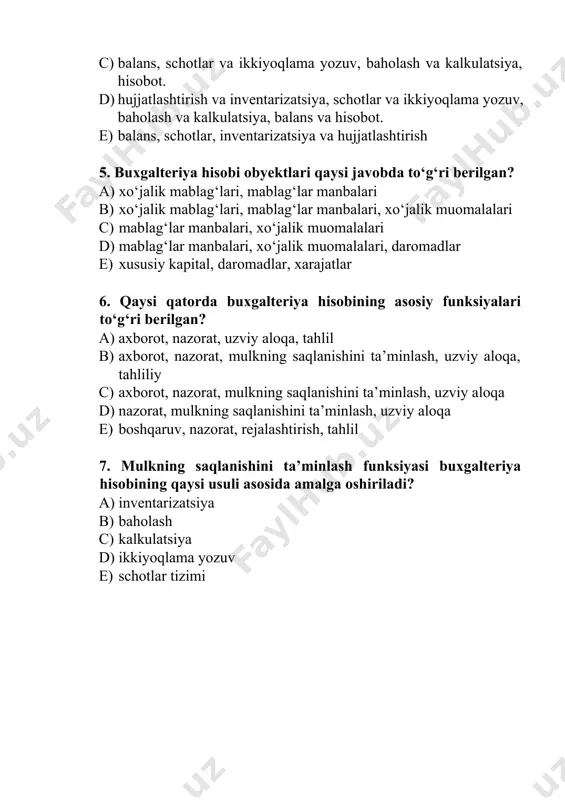 nazorat, mulkning saqlanishini ta’minlash, uzviy aloqa d) nazorat, mulkning saqlanishini ta’minlash, uzviy aloqa e) boshqaruv, nazorat, rejalashtirish, tahlil 7. mulkning saqlanishini ta’minlash funksiyasi buxgalteriya hisobining qaysi usuli asosida amalga oshiriladi? a) inventarizatsiya b) baholash c) kalkulatsiya d) ikkiyoqlama yozuv e) schotlar tizimi