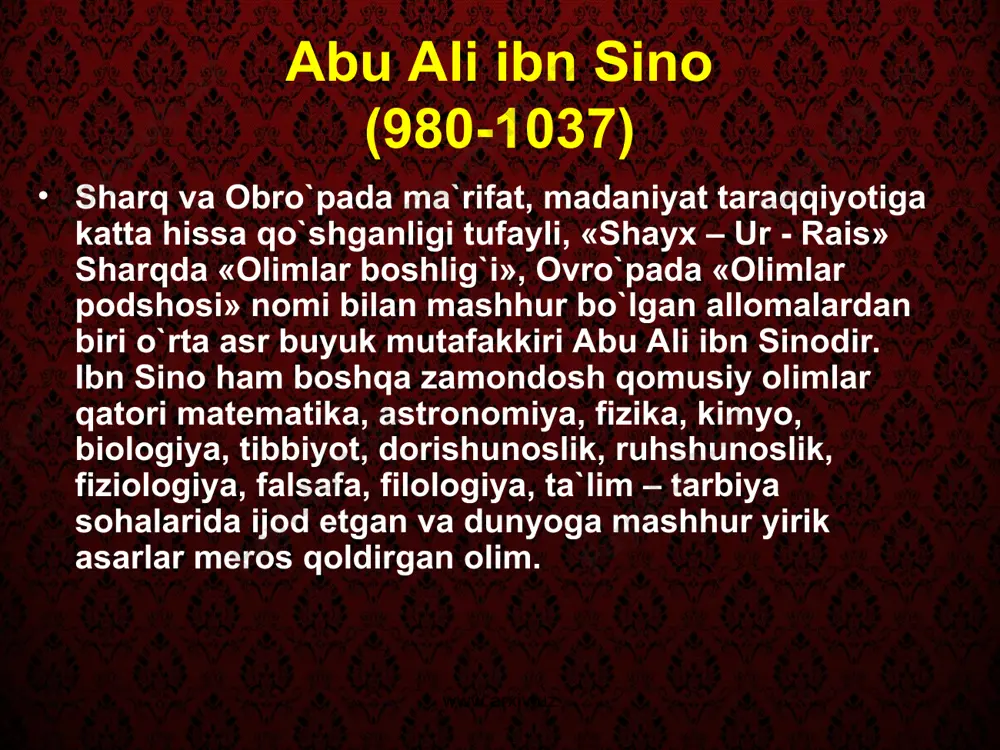 ifatli kishi jasur, o`limdan ham qo`rqmaydigan, faqat haqiqatni bilish uchun harakat qiladigan bo`ladi, deydi u fikrini davom ettirib. bilimsiz kishilar johil bo`ladi, ular haqiqatni bila olmaydilar, deb ularni yetuk bo`lmagan kishilar qatoriga qushadi. bunday kishilardan ilmiy fikrlarni sir tutish kerakligini ta`kidlaydi. u haqiqatni bilish uchun bilimga ega bo`lish kerakligi, lekin har qanday bilim ham haqiqatga olib kelmasligi, inson o`z bilimining haqiqiyligini bilishi uchun mantiqni ham bilishi zarurligini uqtiradi. ibn sinoning ta`lim metodlari haqidagi ta`limoti asosida ham bilimlarni egallashda mantiqiy tafakkurga, shaxsiy kuzatish va tajribalarga tayanish kerak degan g`oya yotadi. www.arxiv.uz www.arxiv.uz ibn sino bolani maktabda o`qitish va tarbiyalash zaraurligini qayd etib, maktabga barcha kishilarning bolalari tortilishi va birga o`qitilishi va tarbiyalanishi lozim deb, bolani uy sharoitida yakka o`qitishga qarshi bo`lgan. bolani maktabda jamoa bo`lib o`qishini foydasi quyidagicha ifodalangan: agar o`quvchi birga o`qisa u zerikmaydi, fanni egallashga qiziqish yuzaga keladi, bir-biridan qolmaslik uchun harakat, musobaqalashish istagi rivojlanadi. bularning hammasi o`qishning yaxshilanishiga …