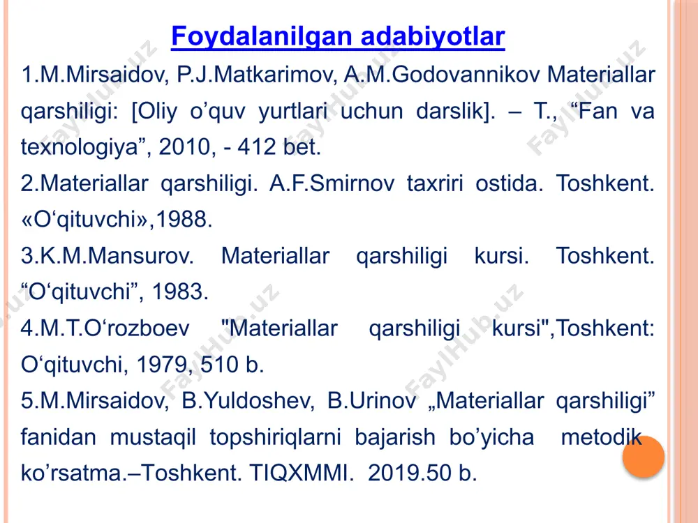 masalalarni malakali yechishiga yordam beradi. 6 materiallar qarshiligi fanining asosiy tushunchalari: mustahkamlik deganda – konstruksiya elementlarining qo‘yilgan tashqi kuchlar ta’siriga chidamliligi tushuniladi bikrlik deganda – konstruksiya elementlarining tashqi kuchlar ta’sirida katta geometrik o‘zgarishlar hosil qilmaslik qobiliyati tushuniladi. ustuvorlik deganda – konstruksiya elementlarining tashqi kuchlar ta’sirida o‘zining avvalgi muvozanat holatini yo‘qotmaslik qobiliyati tushuniladi. 7 materiallar qarshiligi fani o‘z rivojlanish tarixiga ega. materiallar qarshiligi fanining fan sifatda riojlanishiga quyidaga olim va injenerlar o’zlarini ulkan hissalarini qo’shganlar. bular d. bernulli, l. eyler, lagranj, koshi, puasson, sen-venan hisoblanadi. bu sohada d.i. juravskiy, f. yasinskiy, a.n. vereshchagin, s.p. timoshenko, i.g.bubnov, b.g.galyorkin, a.n.krilov, a.a. ilyushin, yu.n. rabotnov, v.z. vlasov, va boshqalarning ishlari ham materiallar qarshiligi fanini rivojlanishida katta ahamiyatga ega bo’lgan. 8 materiallar qarshiligi fani o‘z rivojlanish tarixiga ega. italiyalik mashhur olim galileo galileyning (1564-1642) «ikki yangi fan haqida suhbatlar va matematik isbotlar» asari, materiallar qarshiligi va qurilish mexanikasi fani to‘g‘risidagi birinchi kitob hisoblanadi. 1678 yilda …