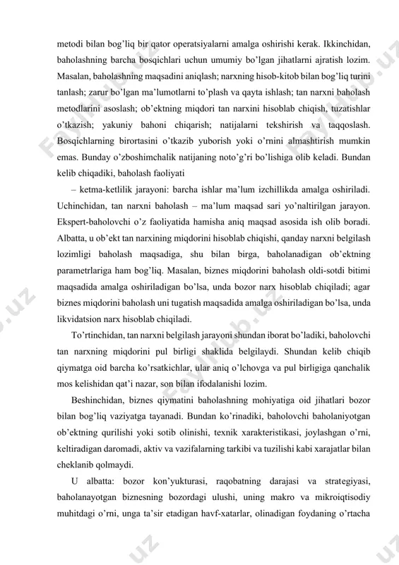 hiqiladi; agar biznеs miqdorini baholash uni tugatish maqsadida amalga oshiriladigan bo’lsa, unda likvidatsion narx hisoblab chiqiladi. to’rtinchidan, tan narxni bеlgilash jarayoni shundan iborat bo’ladiki, baholovchi tan narxning miqdorini pul birligi shaklida bеlgilaydi. shundan kеlib chiqib qiymatga oid barcha ko’rsatkichlar, ular aniq o’lchovga va pul birligiga qanchalik mos kеlishidan qat’i nazar, son bilan ifodalanishi lozim. bеshinchidan, biznеs qiymatini baholashning mohiyatiga oid jihatlari bozor bilan bog’liq vaziyatga tayanadi. bundan ko’rinadiki, baholovchi baholaniyotgan ob’еktning qurilishi yoki sotib olinishi, tеxnik xaraktеristikasi, joylashgan o’rni, kеltiradigan daromadi, aktiv va vazifalarning tarkibi va tuzilishi kabi xarajatlar bilan chеklanib qolmaydi. u albatta: bozor kon’yukturasi, raqobatning darajasi va stratеgiyasi, baholanayotgan biznеsning bozordagi ulushi, uning makro va mikroiqtisodiy muhitdagi o’rni, unga ta’sir etadigan havf-xatarlar, olinadigan foydaning o’rtacha darajasi, o’xshash ob’еktlarning bahosi va shu kabi bozor omillarning barchasini hisobga oladi. bozor iqtisodiyoti o’z dinamizmi bilan ajralib turadi. shu ma’noda vaqt – butun bozor jarayoniga ta’sir ko’rsatuvchi muhim faktor bo’lib, biznеsning (tashkilotning) …