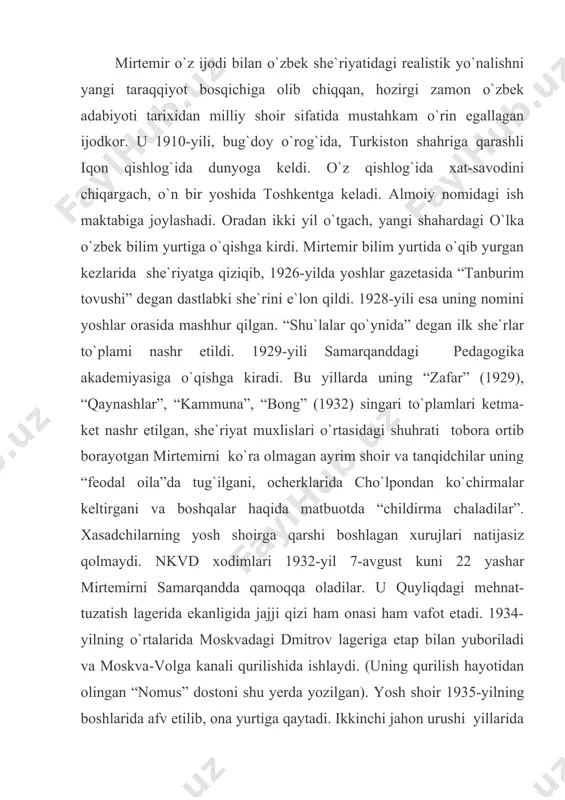 yurtiga qaytadi. ikkinchi jahon urushi yillarida mirtemir o`zbekiston radio qo`mitasi (1941) va o`zbekiston davlat nashriyotida (1942) muharrir, opera va balet teatrida adabiy emakdosh (1943-44), uyushmasida adabiy maslahatchi, badiiy adabiyot nashriyotida muharrir vazifalarida xizmat qiladi. mirtemirning adabiy merosi she`riyat, dramaturgiya (“birinchi prezident” pyesasi), publisistik va adabiy-tanqidiy maqolalar hamda tarjima asarlarini o`z ichiga oladi. lirik she`riyat shoir qalbining kundaligidir. 30-yillarning ikkinchi yarmida shoir qalami she`rdan she`rga charxlanib boradi. mirtemir shu yillari she`riyatni oziqlantiradigan qudratli manbalardan biri xalq ijodiyoti ekanini o`qib oladi va xalq poeziyasini chuqur o`rganishga kirishadi. bu esa, uning she`rlariga yangicha ruh, yangicha rang bag`ishlaydi. u ko`pgina she`rlarida xalq qo`shiqlarining shaklini, qofiyalar va radiflar tartibini, ichki kompozitsion qurilishini, ritmikasini o`zlashtirib, ularni deyarli o`zgartirmagan holda yangicha mazmunni ifodalaydi. “qo`shiqlar”, “ko`zlarim yo`lingda”, “bo`sasi qand” kabi she`rlar shular jumlasidandir. shoirning harbiy lirikasida dastavval ko`zga tashlanadigan xususiyat yovuz dushmanga nafrat va muqaddas vatanga muhabbat tuyg`ularini bor ovoz bilan hayqirib aytishdir. urushning ilk kunlaridanoq foshizmning mohiyatini …