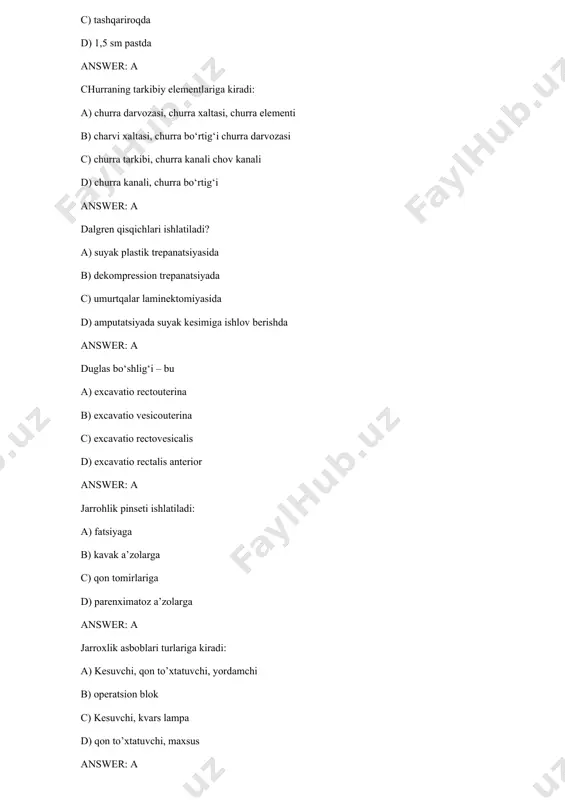 uzlukli, agdarma c) dengizchilar, kiset d) oddiy, agdarma answer: a koxer qisqichi qo‘llanishiga ko‘ra kiradi: a) qon to‘xtatuvchilarga b) to‘qimalarni ajratuvchilarga c) yordamchi asboblarga d) birlashtiruvchilarga answer: a kurak sohasini qon bilan ta’minlovchi va anastomozlar hosil bo‘lishida ishtirok etuvchi arteriyalarni aniqlang? a) a.suprascapularis,ramus descendens a.transversa colli,a.circumflexia scapulae b) a.circumflexia humeri posterior et anterior c) a.subscapularis,a.circumflexia scapulae d) ramus descendens a.transversa colli,a.circumflexia humeri posterior answer: a linton bo‘yicha flebektomiyada? a) aponevrozni plastika qilish bilan birga kommunikant venalarni subfatsial bog‘lash bajariladi b) teri osti venalarini olib tashlash bilan birga kommunikant venalarni fatsiya ustida bog‘lash bajariladi c) teri osti venalarini teri orqali bog‘lash bajariladi d) katta teri osti venasini son venasiga qo‘yilish joyida bog‘lash bajariladi answer: a moyak istisqosida qaysi operatsiyalar qo‘llaniladi? a) vinkelman va bergman operatsiyasi b) ru- krasnaboevoperatsiyasi c) zerenin va kyummel operatsiyasi d) gersen va feodorov operatsiyasi answer: a o‘n ikki barmoq ichakning pastki qismini qisuvchi va uning o‘tkazuvchanligini buzuvchi …