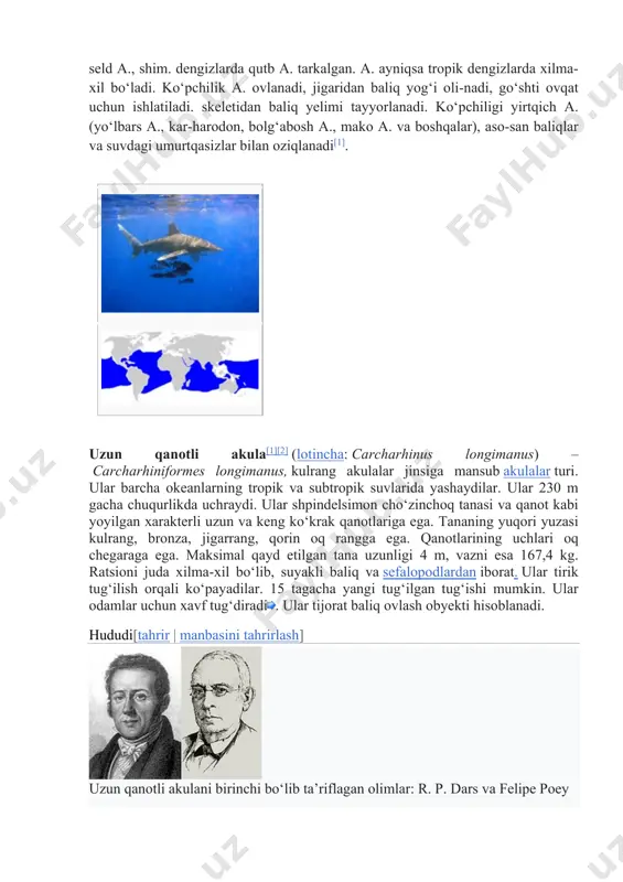 jabra-lilar, lamnosimonlar, katransimonlar, arraburunsimonlar, skvatinsimonlar), 20 oilani oʻz ichiga oladi. a. orol va kaspiy dengizidan boshqa hamma dengiz va okeanlarda, ayrim turlari chuchuk suv havzalari (gang va amazonka daryolari, nikaragua koʻli)da yashaydi. qora va uzoq sharq dengizlarida tikanli qora a., ya’ni katran, shimoliy va uzoq sharq dengizlarida seld a., shim. dengizlarda qutb a. tarkalgan. a. ayniqsa tropik dengizlarda xilma- xil boʻladi. koʻpchilik a. ovlanadi, jigaridan baliq yogʻi oli-nadi, goʻshti ovqat uchun ishlatiladi. skeletidan baliq yelimi tayyorlanadi. koʻpchiligi yirtqich a. (yoʻlbars a., kar-harodon, bolgʻabosh a., mako a. va boshqalar), aso-san baliqlar va suvdagi umurtqasizlar bilan oziqlanadi[1]. uzun qanotli akula[1][2] (lotincha: carcharhinus longimanus) – carcharhiniformes longimanus, kulrang akulalar jinsiga mansub akulalar turi. ular barcha okeanlarning tropik va subtropik suvlarida yashaydilar. ular 230 m gacha chuqurlikda uchraydi. ular shpindelsimon choʻzinchoq tanasi va qanot kabi yoyilgan xarakterli uzun va keng koʻkrak qanotlariga ega. tananing yuqori yuzasi kulrang, bronza, jigarrang, qorin oq rangga ega. qanotlarining …