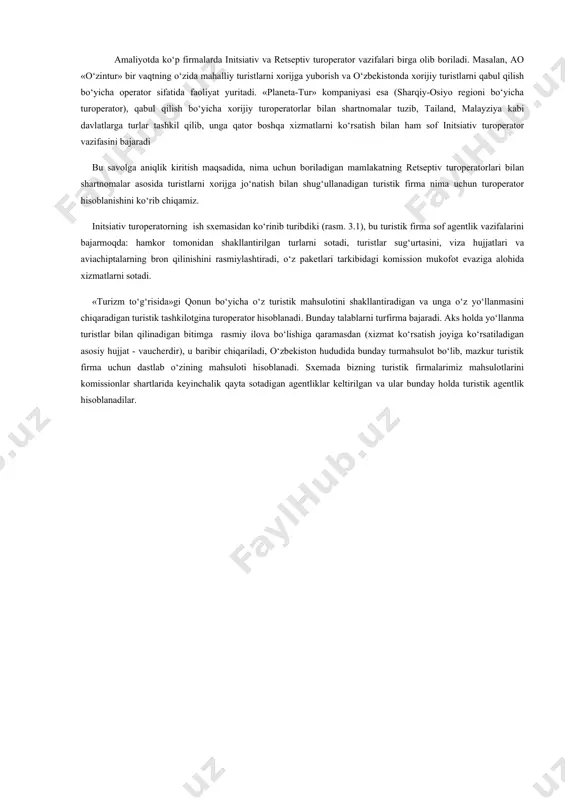 si turoperatorlar strukturasiga ta’sir ko‘rsatdi va ularning keyingi maxsuslashuvini qayta aniqlab berdi. turoperatorlar quyidagilarga ajratiladi: faoliyat turiga ko‘ra: 1. ommaviy bozor turoperatorlari. ular ommaviy turizm joylariga charter aviareyslardan foydalangan holda turpaketlar sotadilar. 2. maxsuslashgan turoperatorlar – bular bozorning ma’lum segmenti yoki mahsulotiga maxsuslashgan turoperatorlardir. bular o‘z navbatida quyidagilar bo‘lishi mumkin: a) maxsus qiziqishlar turoperatorlari (masalan, sport-sarguzasht turizmi, afrikada safari uyushtirish va boshqalar); b) maxsus boriladigan joylar turoperatorlari (masalan, angliya, fransiya va boshqa joylarga safarlar); v) ma’lum mijozlar guruhi turoperatorlari (yoshlar, oilalar, ish odamlari va boshqalar); g) maxsus joylashtirish joylari turoperatorlari (dam olish uylari, turbazalar va hokazo); d) ma’lum transport turlaridan foydalanadigan turoperatorlar (teploxod, poyezd va boshqalar). faoliyat joyiga ko‘ra: 1. mahalliy (ichki) turoperatorlar. ular o‘zi yashayotgan mamlakat chegaralari doirasida yo‘nalishlar bilan birgalikda turpaketlar tuzadilar. 2. chiqish turoperatorlari turpaketlarni xorijiy davlatlarga yo‘naltiradilar. 3. qabul qiluvchi turoperatorlar. ular boriladigan mamlakatda joylashgan bo‘ladi va keladigan turistlarga xizmat ko‘rsatishadi. bundan tashqari, turoperatorlarni initsiativ va …