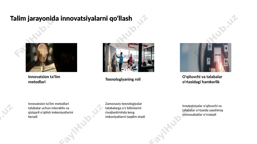 quvchilarning yutuqlarini ko'rsatadi talim jarayonida baholash tizimini rivojlantirish ta'lim jarayonida texnologiyalardan foydalanish o'qitish jarayonini yaxshilash texnologiyalar o'qituvchilarga ta'lim jarayonini samarali va interaktiv o'tkazishga yordam beradi ta'lim jarayonida texnologiyalardan foydalanish yuqori sifatli resurslar raqamli platformalar o'quvchilarga yuqori sifatli o'quv materiallariga kirish imkonini beradi ta'lim jarayonida texnologiyalardan foydalanish qattiq aloqalar o'rnatish texnologiyalar masofaviy ta'limni tashkil qilish tomonidan o'qituvchi va o'quvchilar o'rtasida ayniqsa qattiq aloqalar o'rnatadi ta'lim jarayonida texnologiyalardan foydalanish o'rganish uslublarini o'zgartirish interaktiv dasturlar va o'yinlar o'quvchilarni qiziqtiradi hamda o'rganish uslubini o'zgartiradi yoshlar ta'limida ijtimoiy mas'uliyat yoshlarning ijtimoiy roli yoshlar jamiyatning kelajagi hisoblanadi va ularning ta'limi ijtimoiy mas'uliyatni rivojlantirishga xizmat qiladi yoshlar ta'limida ijtimoiy mas'uliyat ta'limda muloqot yoshlar orasida samarali muloqot ijtimoiy mas'uliyatni oshirish uchun muhimdir yoshlar ta'limida ijtimoiy mas'uliyat kreativ fikrlash yoshlarning kreativ fikrlashi ularni ijtimoiy muammolarni hal qilishga tayyorlaydi yoshlar ta'limida ijtimoiy mas'uliyat jamiyatga xizmat yoshlar ta'limida ijtimoiy mas'uliyat ularga jamiyatga xizmat qilishni o'rgatadi ta'limda sifatni oshirish strategiyalari o'qituvchilarni tayyorlash …