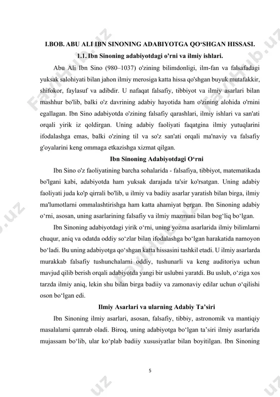 shlatilgan til ilmiy, falsafiy va psixologik jihatdan boy bo‘lib, uning badiiy uslubi keng o‘quvchilar uchun ochiq edi. ibn sino asarlarida tibbiyot, astronomiya, matematika va falsafiy muammolarni yoritish bilan birga, bu sohalarda xalq og‘zaki adabiyotiga oid iboralar, hikmatli so‘zlar va misollar ham ishlatilgan. uning asarlari murakkab ilmiy fikrlarni qisqacha, lekin tushunarli tarzda bayon etishga qaratilgan, bu esa o‘z navbatida adabiyotning ommalashishiga, keng auditoriyaga ta’sir etishiga olib kelgan. ibn sinoning ilmiy merosi faqatgina uning original asarlari bilan cheklanib qolmagan, balki u ko‘plab qadimiy yunon va islom falsafiy asarlarini arab tiliga tarjima qilgan. bu tarjimalar nafaqat ilmiy ma’lumotlar tarqatilishiga xizmat qilgan, balki yangi badiiy uslubni yaratishda ham yordam bergan. ibn sino nafaqat ilmiy ishlardan, balki badiiy asarlarning tarjimasi orqali ham adabiyotga katta ta’sir ko‘rsatgan. uning tarjima faoliyati, ayniqsa, aristotel, plotin, ptolemey kabi mashhur yunon faylasuflarining asarlarini o‘rganish orqali islom falsafasi va adabiyotining rivojlanishiga turtki bo‘lgan. tarjima qilishda ibn sino har doim matnlarning ilmiy …