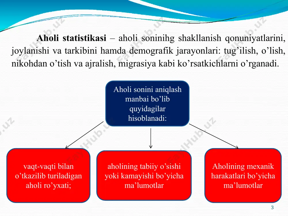 ashash uchun ketganlar soni 13 3.aholining kelajakdagi sonini aniqlash aholining perspektiv (istiqboldagi) sonini aniqlashda global va yoshni siljish usullaridan foydalanish mumkin. global usulda hisoblashda aholining soni(a0), tabiiy o’zgarish(kto’) yoki umumiy yil boshidagi o’zgarishi bajaradi. koeffitsientlari boshlang’ich ma’lumot vazifasini hisoblash quyidagicha bajariladi:     1 2 to' 1  к кto' а1  а0  1     14   2 1 to' 1  к кto' а2  а1  1   bu erda a1 va a0-aholining joriy yil oxiridagi va keyingi yil boshidagi soni; kto' -tabiiy o’zgarish (yoki umumiy o’zgarish) koeffitsientlari; 15     1    а0  1 k 1 2 to'  kto' - joriy yilda aholi sonining qo’shimcha o’zgarishi, ya’ni    12    а1  2 1  k to'  kto' a1  a0  1 - keyingi yilda qo’shimcha o’zgarishi …