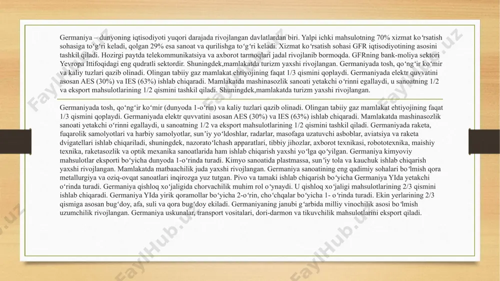 prezidenti shavkat mirziyoyev va germaniya kansleri angela merkelning onlayn sammitida ham muhokama qilindi. joriy yilning 2-3 may kunlari o'zbekiston prezidenti germaniyada navbatdagi tashrif bilan bo'lib, germaniya federal prezidenti frank-valter shtaynmayer, kansler olaf shols va mamlakatning yetakchi kompaniyalari rahbarlari bilan muzokaralar o'tkazdi. bugungi kunda mamlakatlarimiz o'rtasidagi hamkorlik ko'p qirrali bo'lib, savdo-iqtisodiy, sarmoyaviy, texnologik, madaniy-gumanitar va boshqa sohalarni qamrab olgan. shu bilan birga, o'zbekiston va germaniya ko'p tomonlama formatlarda – bmt, yexht va boshqa tuzilmalar doirasida global hamda mintaqaviy kun tartibidagi masalalar bo'yicha samarali hamkorlik qilmoqda. rasmiy toshkent va berlinning ko'plab masalalar, jumladan, terrorizm, uyushgan jinoyatchilik, narkotrafikga qarshi kurash, shuningdek, afg'onistondagi vaziyatni tartibga solish bo'yicha pozitsiyalari bir-biriga mos keladi yoki yaqin. parlamentlararo aloqalar ham faollashgan. turli darajadagi parlament delegatsiyalarining tashriflari almashinuvi yo'lga qo'yildi, o'zbekiston va germaniya parlamentlarining do'stlik guruhlari va ixtisoslashtirilgan qo'mitalari o'rtasidagi aloqalar mustahkamlanmoqda. ikki mamlakat tashqi siyosat idoralari o'rtasida ikki tomonlama hamkorlikning dolzarb masalalari va ko'p tomonlama kun tartibi yuzasidan …