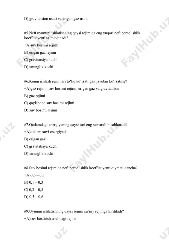 ion rejim b) suv bosimi rejimi c) suv bostirish usulidagi rejim d) gaz bosimi rejimi #11.uyumning qaysi rejimda ishlashi siqib chiqarish usuliga kiritiladi? +a)suv bosim rejimi b) erigan gaz rejimi c) gravitatsiya rejimi d) taranglik rejimi #12.neft konlarini ishlashning eng samarali usuli nima? +a)suv bosimi usuli b) aralash usul c) so‘nib borish usullari d) gravitatsion usul #13.uyumni ishlatishda suv bosimi rejimi paydo bo‘lishining belgilari? +a)bosim sekin-asta pasayib, gaz omili o‘zgarmaydi b) bosim o‘zgarmay, gaz omili oshadi c) bosim ham, gaz omili ham o‘zgarmaydi d) bosim sekin-asta oshib, gaz omili o‘zgarmaydi #14.chekka suvlar ta’sirida ishlatilgan uyumni qaysi rejimda ishlayapti deymiz? +a)suv bosim rejimda b) gaz bosim rejimda c) erigan gaz rejimida d) gravitatsion rejimda #15.qatlam bosimini saqlab turish uchun qanday tadbir qo‘llaniladi? +a)qatlamga suv va gaz haydash b) quduqni perforatsiya qilish c) qatlamni gidravlik yorish d) issiqlik usullarini qo‘llash #16.qatlamga suv haydash jarayonida haydalayotgan suvning necha foizi yo‘qotiladi? +a)15 – 20 …
