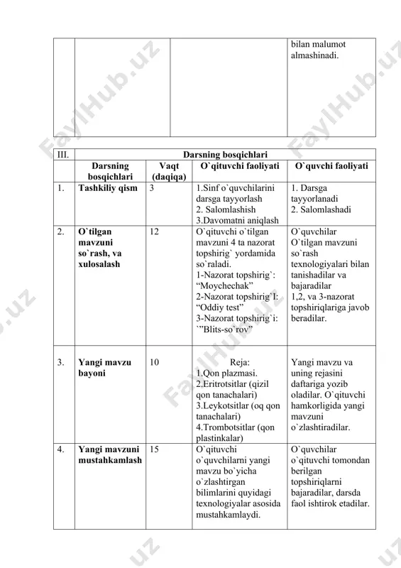 at topshirig`i: “klasster” 5-nazorat topshirig ”biologik mashq” o`quvchilar o`qituvchi tomondan berilgan topshiriqlarni bajaradilar, darsda faol ishtirok etadilar. 5. darsni yakunlash 5 1.o`quvchilarni dars jarayonida erishgan yutuqlarini izohli e’lon qiladi va kundaliklariga qo`yadi. 2.uyga vazifani tushuntiradi va uni kundaliklariga yozib olishini ta’minlaydi. o`quvchilar erishgan yutuqlarini eshitadilar, topshiriqlarini kundaliklariga yozib oladilar, ballarini qo`yib oladilar. 2-bosqich. o`tilgan mavzuni so`rash va xulosalash. 1-nazorat topshirig`i: “moychechak” o`quvchi na’munasi ( qonning tashuvchanlik funksiy asi ) ( qon kuchli ishqoriy –ph=8,2 ) ( gumaral yo`l bilan boshqarilishi ) ( immunitet vazifasi ) ( qoning solishtirma massasi suvga nisbatan kichikroq ) ( nisbiy doimlikni saqlashda ishtirok etadi ) ( qonning o`ziga xos tuzilishi ) ( qonning yopishqoqligi 5.0 ga teng. ) ( qonning osmotik bosimi 7.6-8.1 atm ) o`qituvchi na’munasi ( qonning tashuvchanlik funksiy asi ) ( qon kuchli ishqoriy –ph=8,2 ) ( gumaral yo`l bilan boshqarilishi ) ( immunitet vazifasi ) ( qoning solishtirma massasi suvga nisbatan …