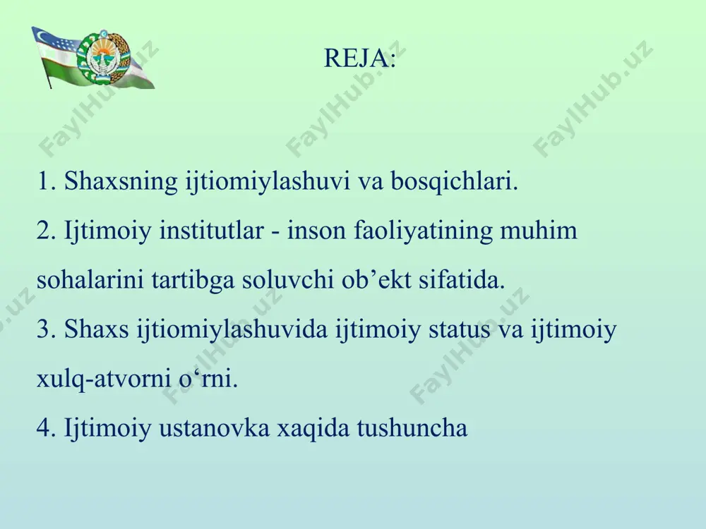 ta’sirini o‘tkaza olishi jarayonidir. ijtimoiylashuv eng avvalo odamlar o‘rtasidagi muloqot va hamkorlikda turli faoliyatni amalga oshirish jarayonidir. insonning ijtimoiylashuvi jarayoni inson butun hayoti davomida davom etadi * shaxsni ijtimoiylashtirish jarayoni uning rivojlanishida uchta asosiy bosqichdan o‘tadi va insonning butun hayoti davomida davom etadi birinchi bosqich - ijtimoiy qadriyatlar, ijtimoiy me’yorlarni, jamiyat guruhlarining ustanovkalarini faol o‘zlashtirish natijada inson butun jamiyatga moslashishni o‘rganadi ikkinchi bosqich - o‘z-o‘zini anglashga va jamiyatning boshqa a’zolariga ta’sir ko‘rsatishga intilish, uchinchi bosqich - ijtimoiy guruhga integratsiya qilish, (uyg’unlashib ketishi) jarayoni juda murakkab va juda uzoq davomlidir, chunki u ijtimoiy guruh qadriyatlari va normalarini va muayyan rollarni o‘z ichiga oladi, har bir inson guruhda o‘z xususiyatlarini va imkoniyatlarini ochib beradi. bolalik-ijtimoiylashuv tug‘lishdan, rivojlanishning dastlabki bosqichi, inson shaxsining shakllanishini deyarli 70% ga teng bo’lib, ijtimoiylashuvning boshlanishi belgilanadi. o‘smirlik- bosqichida fiziologik o‘zgarishlarning ro’y berishi, jinsiy rivojlanish va shaxsning tarkib topishi. 13 yoshidan boshlab bolalar imkon qadar ko‘proq ijtimoiy vazifalarni bajarishga …