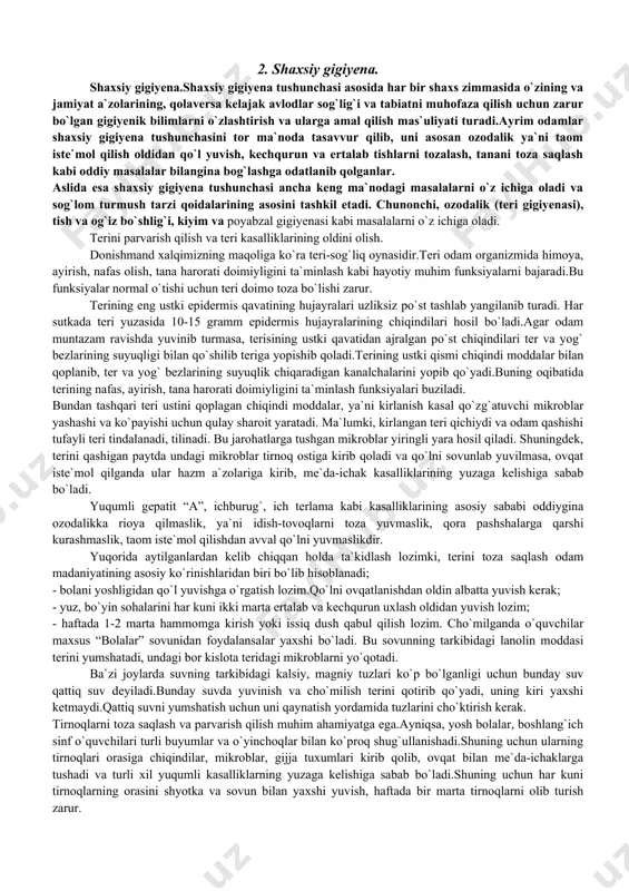 narsa bilan almashtirib bo`lmaydigan turi hisoblanadi.uyqu yetarli bo`lishi va uni to`g`ri tashkil etilishi sportchi sog`lig`ini mustahkamlash va ish bajarish qobiliyatini yuqori darajada bo`lishini ta`minlaydi. o’quvchi - talabalar bir kecha-kunduzda 8-9 soat uxlashi kerak.uxlash soat 22 da, uyg`onish soat 6 da, yoki uxlash 23 da, uyg`onish soat 7 da. har kuni bir vaqtda uxlash bir vaqtda uyg`onishga odatlangan odam yotishi bilanoq darrov uxlaydi, uyqu tinch bo`lib, yaxshi dam oladi.uyg`onish vaqti yetishi bilanoq u uyg`onadi. uyqudan keyin ish bajarish imkoniyati yaxshi bo`ladi.uxlash uchun ko`rpa-to`shak qulay bo`lishi kerak (matras, 2 ta choyshab, jun odeyal, yumshoq yostiq).uyqudan oldin deraza darchasini ochib havosi yangilanishi lozim. uyqudan oldin ochiq havoda 10-20 minut sayr qilish uyquning unumli bo`lishiga ijobiy ta`sir qiladi. 2. shaxsiy gigiyena. shaxsiy gigiyena.shaxsiy gigiyena tushunchasi asosida har bir shaxs zimmasida o`zining va jamiyat a`zolarining, qolaversa kelajak avlodlar sog`lig`i va tabiatni muhofaza qilish uchun zarur bo`lgan gigiyenik bilimlarni o`zlashtirish va ularga amal qilish mas`uliyati turadi.ayrim …