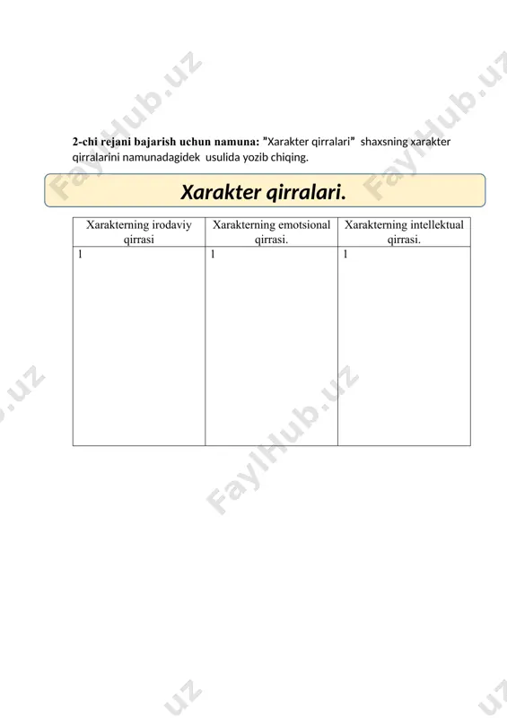 anov, m.e.zufarova umumiy psixologiya”. darslik.toshkent 2021. 478 b. 5. psychology, 11th edition 11th editionby david g. myers (author), c. nathan dewall (author)2018 publication 6. psychology. authors:rose m. spielman, kathryn dumper, william jenkins, arlene lacombe, marilyn lovett, and marion perlmutter. 2019 publication 7 psixologiya terminlarining izoxli lug’ati q.turg’unov ”o’qituvchi ” nashriyoti toshkent 1975-yil. 8 psixologiyadan izoxli lug’at. m.g.davletshin farg’ona. 2006-yil. mustaqil ishni times new roman shriftida, 14 kattalikda, microsoft wordda yozing. 1. mustaqil ta’limni baholash mezoni: maksimal 15 ball. 1. agar talaba mustaqil ishni talab darajasida bajarsa, jumladan, bolaning rivojlanishi va unga ta’sir etuvchi ijobiy hamda salbiy omillarni amaliy-ijodiy yondashib to‘liq yoritilsa, 13-15 ball bilan baholanadi. 1. agar talaba mustaqil ishni talab darajasida bajarsa, lekin mustaqil ishda 3-4 ta xatolikka yo‘l qo‘ygan bo‘lsa, 9-12 ball qo‘yiladi. 1. agar mustaqil ishni to‘liq bajarishga harakat qilsa va unda 5-8 ta xatolik bo‘lsa, 6, 7, 8 ball qo‘yiladi. 1. agar talaba mustaqil ishda 9-10 …