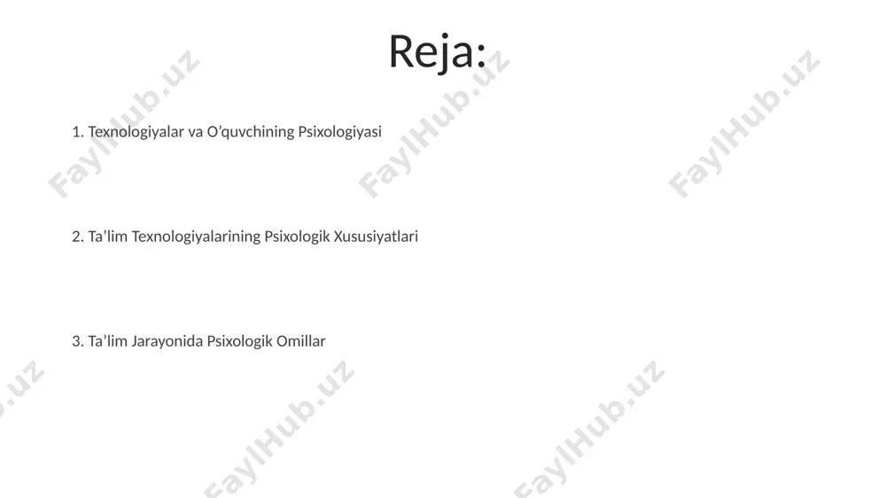 h va eslab qolish ko'rsatkichlarini 15-20% ga oshiradi. ta’lim texnologiyalarining individual farqlarga ta’siri ta’lim texnologiyalari, 70% gacha o‘quvchilarning kognitiv uslublariga moslashtirilgan holda, individual o‘rganish tezligini va samaradorligini 20-30% ga oshirishi mumkin. interaktiv ta’lim texnologiyalari, o‘quvchilarning motivatsiyasi va o‘z-o‘zini boshqarish ko‘nikmalarini 35% gacha rivojlantirishga yordam beradi, bu esa akademik muvaffaqiyatga ijobiy ta’sir ko‘rsatadi. ta’lim texnologiyalarining ijtimoiy-psixologik xususiyatlari ta'lim texnologiyalari, o'quvchilarning o'zaro hamkorlik qobiliyatini 20-30% ga oshirib, ijtimoiylashuv jarayonini tezlashtiradi va guruhdagi o'zaro munosabatlarni yaxshilaydi. interaktiv ta'lim platformalari motivatsiyani 35% gacha oshirishi, o'quvchilarning faol ishtiroki va mustaqil o'rganishga bo'lgan qiziqishini kuchaytirish orqali kognitiv rivojlanishga ta'sir qiladi. ta’lim texnologiyalarining emotsional xususiyatlari ta'lim texnologiyalarining o'yinlashtirilgan elementlari, masalan, ballar sistemasining qo'llanilishi, o'quvchilarning 70% da ijobiy emotsional javob (motivatsiya o'sishi)ni keltirib chiqarishi mumkin. onlayn muloqot vositalarining o'z vaqtida va samarali qo'llanilishi, o'quvchilarning 55% da ijtimoiy-emotsional rivojlanishini yaxshilashga olib kelishi mumkin. e'tiboringiz uchun rahmat @taqdimot_robot image4.jpg image5.jpg image6.jpg image7.jpg image8.jpg image9.jpg image10.jpg image1.jpeg image2.jpeg