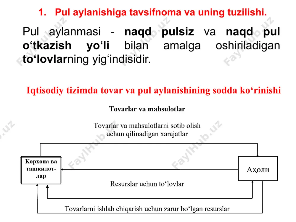 ar jo‘natilgandan keyin yoki xizmat bajarilgandan so‘ng o‘tkaziladi. avans to‘lovlari tijorat kreditiga ruxsat etilmas edi; –to‘lovchining roziligi to‘lov o‘tkazilishining asosi sifatida tan olingan; –qaysi sohada qaysi hollarda naqd pulsiz hisobkitob shakllarini ishlatilishi, ularni tashkil qilish tamoyillari to‘lovchining to‘lovga va kreditga layoqatlilik qobiliyatini hisobga olmas edi. pul aylanmasi tarkibida naqd pulsiz hisob-kitoblar hajmini oshirish undovchi omillari: yuridik va jismoniy shaxslarning banklarga bo‘lgan ishonchining yuqoriligi. iqtisodiyotda monetizatsiya koeffitsiyenti darajasining tegishli me’yori ta’minlangan bo‘lishi lozim. tijorat banklarining resurslarga bo‘lgan ehtiyojining yetarli ravishda qondirilmasligi. –tovarlar jo‘natilmasdan yoki xizmatlar bajarilmasdan oldin, bunday to‘lovlar avans to‘lovlari yoki oldindan to‘lov ko‘rinishida amalga oshiriladi; –tovar jo‘natilgandan keyin, ya’ni tovarni bevosita aktsept qilish yo‘li bilan; – yirik summada tuzilgan shartnomalarda ko‘rsatilgan summalarni bo‘lib-bo‘lib to‘lash yo‘li bilan amalga oshiriladi. muddatli to‘lovlar quyidagi hollarda amalga oshiriladi: naqd pulsiz hisob-kitoblarning amaldagi shakllari o‘zbekistonning amaldagi qonunchiligiga ko‘ra xo‘jaliklar o‘rtasidagi o‘zaro kitoblar naqd pulsiz hisob kitoblarning quyidagi shakllari asosida amalga oshiriladi: – to‘lov topshiriqnomasi; …