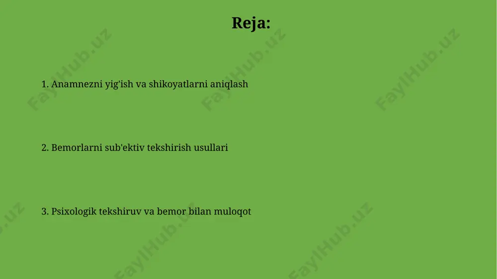 anish xavfini oshirishi mumkin. ovqatlanish anamnezi oziqlanish anamnezi orqali bemorning suyuqlik iste'moli, masalan, kuniga 2 litrdan kam suv ichish yoki shirin gazli ichimliklarni ko'p iste'mol qilish kabi ma'lumotlar to'planadi. oziqlanish anamnezi bemorning kuzatuvi bemorning o'z-o'zini parvarish qilish qobiliyati baholanadi, shu jumladan gigiena qoidalari, kiyim kiyishi va ovqatlanishi. bemorning mustaqillik darajasi aniqlanadi va unga g'amxo'rlik qilish darajasi belgilanadi. bemorning emotsional holati kuzatiladi, masalan, xavotirlik darajasi, depressiya belgilari yoki qo'zg'alish holati. ushbu kuzatuvlar bemorning psixologik holatini aniqlashga yordam beradi. odatlar uyqu gigiyenasi odatlari, masalan, har kuni bir vaqtda uxlash va uyg'onish 7-9 soat davomida sifatli uyquni ta'minlaydi, bu esa immunitetni 10-15 foizga yaxshilaydi va ruhiy holatni barqarorlashtiradi. muntazam ravishda sport bilan shug'ullanish odati yurak-qon tomir kasalliklari xavfini 30-40 foizga kamaytiradi va qon bosimini 5-7 mm simob ustuniga tushirishga yordam beradi, bu esa muhim ahamiyatga ega. kasallik tarixi (anamnez morbi) kasallik tarixi (anamnez morbi) anamnez morbi bemorning shikoyatlarini, 3-5 yil oldingi kasalliklarini, shuningdek, …