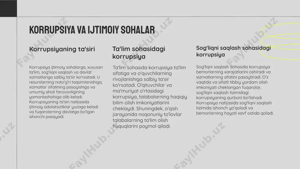 shuningdek, imtihon jarayonlarini nazorat qilish zarur. sog'liqni saqlash sohasida bemorlar huquqlarini himoya qilish va xizmatlar sifatini oshirish orqali korrupsiyaga qarshi kurashishning samarali usullari ko'rib chiqilishi kerak. sektorlar bo'yicha strategiyalar korrupsiyaga qarshi samarali choralar kiritish ijtimoiy sohalardan tashqari, iqtisodiy barqarorlik va taraqqiyot uchun ham muhimdir. bunday choralar davlatning obro'sini oshirish, fuqarolarning ishonchini tiklash va jamiyatda adolatni ta'minlashga yordam beradi. korrupsiyaga qarshi kurashda jamoatchilik ishtirokini jalb qilish va barcha manfaatdor tomonlarni birlashtirish orqali yanada samarali natijalarga erishish mumkin. samarali choralar muhimligi tizimning shaffofligi kuchli nazorat yo'qligi xalqaro tajribalar korrupsionerlarning qarshiligi korrupsiyaga qarshi kurashishda tizimning shaffofligi ta'minlanishi fuqarolar ishonchini oshiradi va jamiyatda korrupsiya holatlarini kamaytirish uchun muhim omil bo'ladi. o'zbekistonning tajribasi shuni ko'rsatadiki, ochiq va shaffof jarayonlar orqali korrupsiyani kamaytirish mumkin. korrupsiyaga qarshi chora-tadbirlarning samaradorligini oshirish uchun kuchli nazorat mexanizmlarining yo'qligi muammo bo'lib qolmoqda. bu holat davlat organlarining faoliyatini nazorat qilishni qiyinlashtiradi va korrupsion holatlarning ko'payishiga olib kelishi mumkin. xalqaro tajribalar asosida samarali …