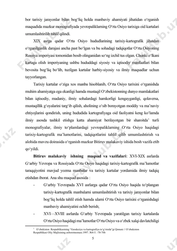 nligini ochib berish, ulardagi mavjud ma’lumotlarni avvalgilari bilan o‘zaro qiyoslash; · g‘arbiy yevropada o‘rta osiyo haqidagi tarixiy-kartografik ma’lumotlarni o‘rgangan holda mavzu doirasida xulosalar berishdan iboratdir. bmining nazariy-uslubiy asosi: o’zbekiston respublikasi prezidenti i.a.karimovning o’zbekiston tarixini rivojlantirishga doir bildirgan ko’rsatmalari asosiy nazariy-uslubiy asos bo’lib xizmat qildi. shuningdek, ishni bayon qilishda tarix fanining ketma-ketlilik, xolislik, haqqoniylik, uzviylik kabi tamoyillari muhim nazariy-metodologik asos bo’lib hisoblanadi. bundan tashqari ishni yozishda, tarixiy voqea va hodisalarga baho berishda milliy istiqlol g’oyasiga tayangan holda yondashildi. ishning ilmiy yangiligi: bitiruv malakaviy ishida yevropada o‘rta osiyo haqidagi tarixiy-kartografik ma’lumotlarning xvi-xix asrlardagi tarixi o‘rta osiyoga oid tarixiy-kartografik manbalar, tarixiy kartalar va turli adabiyotlar asosida ilk bor taxlil qilindi. .ularning o‘rta osiyo tarixini o‘rganishdagi ahamiyati ilk bor, umumlashtirildi. bunda hozirgacha ilmiy jamoatchilikka ma’lum bo‘lmagan xorijiy manbalar ham ilk bor ilmiy muomalaga kiritildi. yevropada o‘rta osiyoning kartografik tarixiga oid ma’lumotlarni qamrab olgan barcha tadqiqot ishlari va ularning natijalari tarixiy davriylik jihatdan jamlangan holda, …