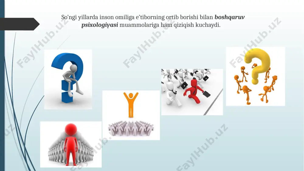 ish tutadi -ijodiy faoliyatini rivojlantiradi va jamoada o‘rtoqlik va ishchan muhitni yaratadi avtokratik rahbar demokratik rahbar liberal rahbar qaror qabul qilishda yakkabosh, jamoa fikri bilan hisoblash-maydi jamoa fikri bilan hisoblashadi ko‘rsatmaga binoan ish tutadi qaror yechimla-rini bo‘ysunuv-chilarga yetkazishda yozma va og‘zaki buyruq, ko‘rsatma orqali taklif orqali iltimos qilish, yalinish orqali ma’suliyatni taqsimlash orqali to‘la to’kis rahbar qo‘lida vakolatiga binoan to‘la-to‘kis ijrochilarning fikriga binoan avtokratik rahbar demokratik rahbar liberal rahbar bo‘ysunuv-chilarning tashabbus-korligiga yo‘l qo‘yadi rag‘batlan-tiradi va foydalanadi to‘la- to‘kis tayanadi kadrlarni tanlashda kuchli raqobat-doshlardan qutulish tarafdori ishchan, bilimdon xodimlarga mo‘ljal oladi va ularning o‘sishiga yordam beradi beparvo bilimga bo‘lgan munosobatda hamma narsani o‘zim bilaman deb hisoblaydi muttassil o‘qiydi va qo‘l ostidagi bo‘ysunuvchi-lardan ham shuni talab qiladi e’tiborsiz, loqayd, beparvo avtokratik rahbar demokratik rahbar liberal rahbar muomalada salbiy, masofa saqlaydi ijobiy muloqatda kirishimli va faol tashabbus ko‘rsatmaydi bo‘ysu-nuvchila-riga nisbatan kayfiyatiga qarab muomala qiladi, asabli har xil, talabchan, xayrixoh, andishali talabchan emas, muloyim …