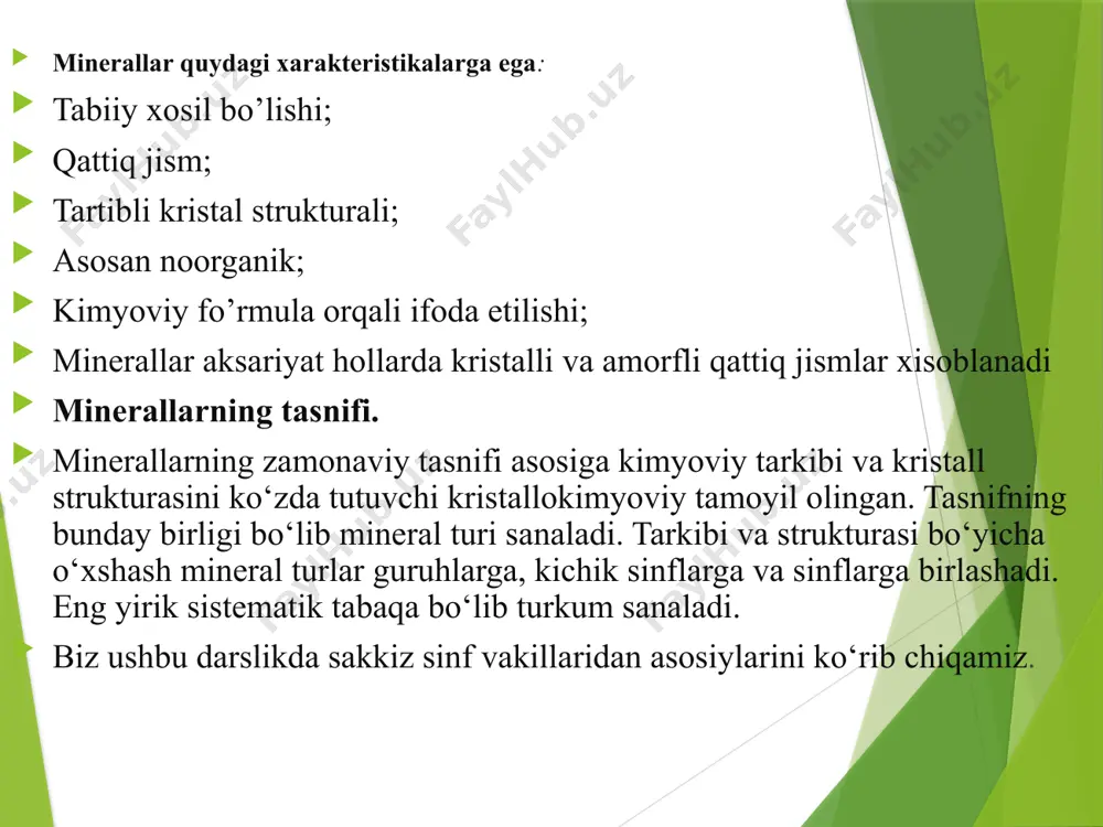 farq qiladi. mineral chizig‘ining rangini sirlanmagan (xira biskvit) chinni taxtachaga chizib aniqlash mumkin. minerallarning yaltiroqligi. minerallarning yuzasiga tushgan nurni qaytarilishi, uning yaltiroqligi deyiladi. minerallar yaltiroqliklariga qarab ikki guruhga bo‘linadi: minerallarning ulanish tekisligi va sinish yuzalari. mineral kristallarining ular sindirilganda ma’lum yo‘nalish bo‘yicha ajralib hosil bo‘lgan tekis yaltiroq yuzalariga ulanish tekisligi, deb aytiladi. minerallarning qattiqligi . minerallarning tashqi mexanik ta’sirga qarshilik ko‘rsata olish qobiliyati uning qattiqligi deb ataladi. minerallarning qattiqligini aniqlashda keng qo‘llaniladigan f. moos (1773-1839) tomonidan ishlab chiqarilgan 10 balli shkaladan keng foydalaniladi. bu usul yordamida mineralning qattiqligini aniqlash uchun, qattiqligi ma’lum bo‘lgan etalon minerali bilan aniqlanayotgan mineral tirnaladi va taqqoslab aniqlanadi. f. moos shkalasining etalonlari sifatida qattiqligi 1 dan 10 balgacha bo‘lgan quyidagi minerallar qabul qilingan : minerallarning boshqa xossalari. minerallarning magnitligi; minerallarning mazasi; minerallarning xidi; xilorid kislota bilan reaksiyasi. minerallarning magnitligi. magnitlik xususiyatini erkin aylanadigan magnit strelkasi yordami bilan tekshiriladigan mineral namunasini shu strelkaga yaqinlashtirish yo‘li bilan aniqlanadi. …