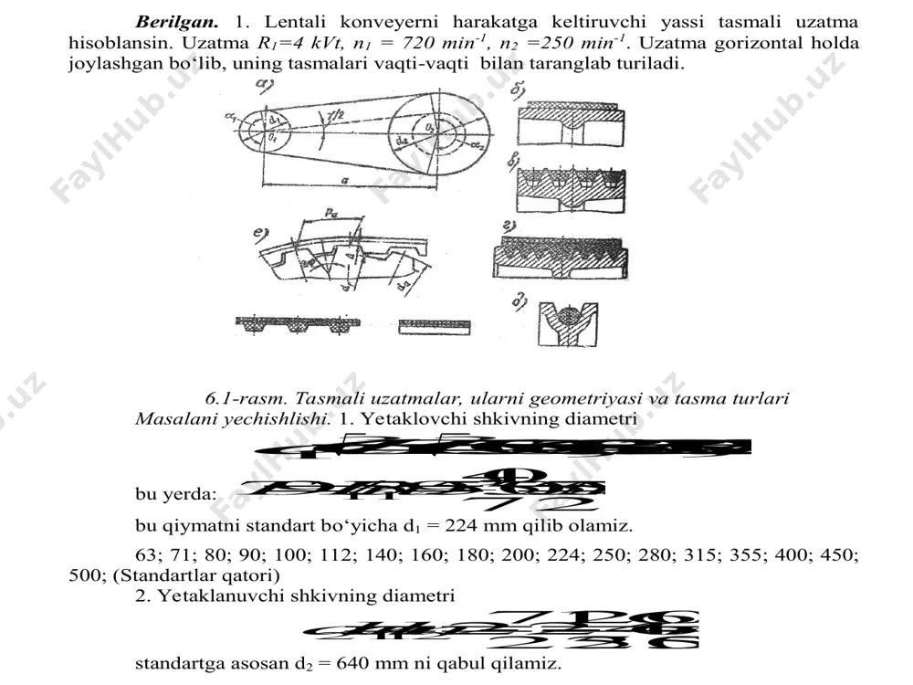n 1,5 zanjirli transportyor 0,9 keskin o‘zgaruvchan 2,0 vintli transportyor. elevator 0,8 rezinalangan tasmalarning gost 23831 -79 bo‘yicha qabul qilingan eni va qatlamlar soni 6.4-jadval tasmaning eni, mm tasma qatlamining mustahkamligi, n/mm va qatlamlar soni 55 100 200 300 20, 25, 32, 40 3-5 - - - 50, 63, 71 3-5 - - 3 80, 90, 100, 112 3-6 3-4 - - 125, 140, 160 3-4 3-4 3-4 - 180, 200, 224, 250 3-6 3-4 3-4 3 315 3-6 3-5 3-4 - 400, 450 3-6 3-5 3-4 - 500, 560 3-6 3-5 3-4 - rezinalangan qatlamlarning qalinligi, mm 1,5 1,3 1,4 1,5 topshiriq uchun variantlar katta - liklar variantlar 1 2 3 4 5 6 7 8 9 10 11 12 13 14 15 r 1 2 2,4 2,5 2,7 2,9 3 3,5 3,7 3,9 4 4,3 4,5 4,7 4,9 5 n 1 72 0 72 0 72 0 72 …