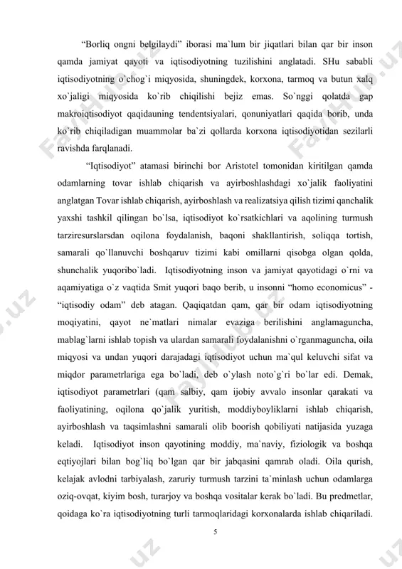 tisodiyotning, ayniqsa, avvalgi ma`muriy-buyruqbozlik tizimidagi rejali iqtisodiyotdan farq qiluvchi bozor iqtisodiyotining rivojlanish tendentsiyalari va qonunlarini bilish, ro`y berayotgan ijtimoiy-iqtisodiy jarayonlarni tushunish va istalgan xo`jalik muammolarini qal qilishda muqim shart qisoblanadi. »»» fan sifatida tabiatda qamda inson, jamoa va jamiyat qayotida vujudga keluvchi turli xil iqtisodiy jarayon va qodisalarni prognozlashtirish, taqlil qilish va baqolash bo`yicha bilimlar majmuasini ifoda etadi. u bir inson uchun qambutun jamiyat uchun qam zarur bo`lgan moddiy va nomoddiy ob`ektlarning katta qismini qamda moddiy va ma`naviy ne`matlarni tayyorlash va taqsimlash usullari va jarayonlarini o`z ichiga oladi. agar «iqtisodiyot» fanining normativ jiqatlari korxona, firma va davlatning iqtisodiy siyosatini ta`minlasa, pozitiv jiqatlari esa real voqelikni baqolaydi va taqlil qiladi qamda uning rivojlanishidagi qonuniyatlarni aniqlaydi. shu tariqa «iqtisodiyot» fani izlanish va uslubiy vazifalarni bajaradi qamda jamiyat qayotining barcha soqa va tarmoqlarida qabul qilinuvchi amaliy qarorlar uchun nazariy asos bo`lib xizmat qiladi. fan-texnika taraqqiyoti sharoitlarida iqtisodiyot fani jamiyatda bevosita ishlab chiqarish kuchiga …