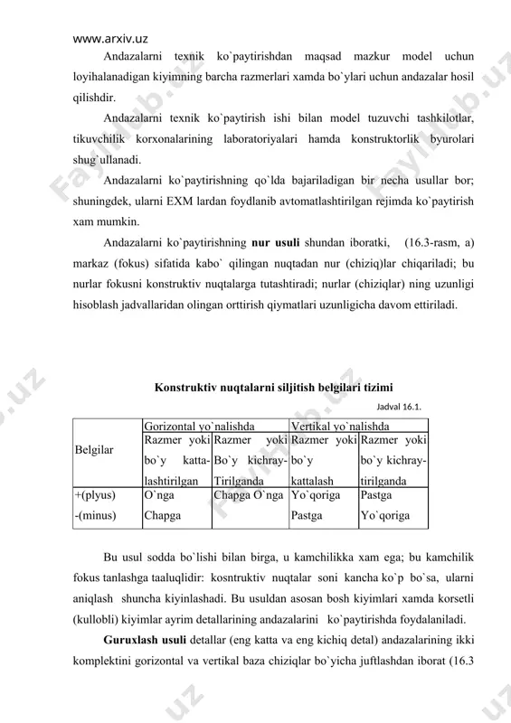 shakldagi detallar andazalarini ko`paytirishda kulaniladi. mazkur usulning asosiy kamchiligi shuki, bunda mexnat va material ko`p sarf bo`adi. shunga ko`ra undan nur usuli va proporsional xisoblash usuli uchun orttirish xisoblash jadvallarini tuzish vaqtidagina foydalaniladi. proporsional- hisoblash usuli gavdaning o`lchov belgilari o`zgarishiga qarab, har bir konstruktiv nuqtani vertikal va gorizontal yo`nalishlarda (bo`yiga va engiga) siljitishga asoslangan (16.3-rasm,v). har bir nuqtaning siljitilishi 16.1 jadvalda plyus(+) va minus (-) belgilari bilan ko`rsatilgan. rasm 16.3. andazalarni texnik ko`paytirish usullari: a) nur usuli; b) gruppalash usuli; v) proporsional-xisoblash usuli. andazalarni proporsional-xisoblash usulidi ko`paytirish kiyimlarni konstruksiyalash sniishp usuliga muvofiq amalga oshiriladi. har bir konstruktiv gruppaga tegishli orttirish qiymattlari xisoblash jadvallarini tuzish yo`li bilan aniqlangan, bu maksadsa esa ko`paytirish turi chizilgan. turli to`lalik guruxiga kiradigan erkaklarning jussasi bir-biridan farq qilganidek, xar xil yosh guruxiga mansub bolalarning jussasi xam bir-biridan farq qiladi. shunga ko`ra kiyim modeli, namunasi, konstruksiyasini yaratishdagi kabi, andazalarni ko`paytirishda xam muayyan to`lalik razmer guruxiga mansub bo`lgan …