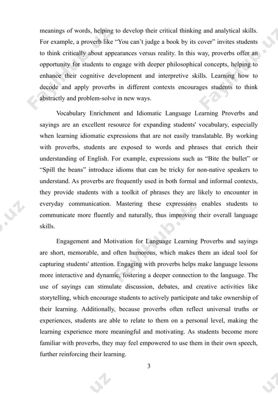 develop a better understanding of how to use language contextually and appropriately, which is a key aspect of communicative competence. proverbs thus serve as bridges to help learners engage with both the social and linguistic aspects of communication. fostering creativity and student interaction an important, often overlooked, aspect of using proverbs in the classroom is how they encourage creativity and interaction among students. teachers can prompt students to create their own proverbs based on modern issues, reinterpret existing sayings to fit different contexts, or participate in debates about the meanings of certain proverbs. these activities promote collaboration, discussion, and critical reflection, and also allow students to apply their language knowledge in creative and meaningful ways. this not only enhances their linguistic abilities but also nurtures their creativity and helps them see language learning as an interactive, collaborative process. aim and objectives of the course paper: aim: the aim of this …