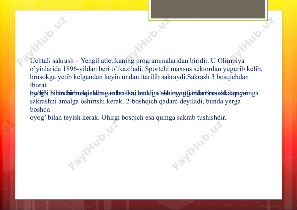 harakat-ga (depsinish) bog'liqdir. bu bosqichdagi harakat butunbir sakrashning sifatiga ta'sir ko'rsatadi, shu bilan birga sakrashnioldingi harakat bilan o'zaro bog'liqligi xarakterini aniqlaydi. tayyorgarlik bosqichi sakrash turiga qarab birmunchamurakkab bo'lishi mumkin. joyida sakrashda tayyorlov bosqichi-ning harakat tuzilishi ancha oddiy. bunday harakatni ikkifazagabo'lish mumkin. qo'llarni orqaga siltash fazasi. joyida oyoqlarni kerib sakrashdagi qo'llarni orqaga siltash ko'rsatilgan. (1-2-kadr),gimnastikachi keyingi harakatni amalga oshirish uchun qo'llariniorqaga-yuqoriga ko'taradi. bunda u ko'pincha,oyoq mushaklarini taranglashtirib va unikeyingi portlovchi ishga tayyorlagan holda oyoq uchigako'tariladi. yelkadan oldingi mushaklari (yelkani bukuvchi) ham keyingi fazadagi harakatga tayyorlanib cho'ziladi. yarim cho'qqayish fazasi. bu faza itarilishdan keyingi harakatdir. bunda qo'llar tezkor siltash harakati bilan yoysimon bo'libpastga-oldinga, keyinchalik (asosiy harakat bosqichida) to'g'ri oldinga-yuqoriga harakatlanishga o'tadi (pastga qarang). lekinbu fazada qo'llar bilan siltash harakatigimnastikachi tanasining og'irligini yuqoriga emas, pastga o'tishiga yordam beradigimnastikachi qo'llarini siltash bilan bir vaqtda yarimcho'qqayishni ham ijro etadi: sportchi qo'llami siltash paytida oyoqtizzalarini va tos-son bo'g'imini sinxron bukib, oyoq kaftiga to'liq tushadi(10-rasm, 2-5-kadr).juda baland …