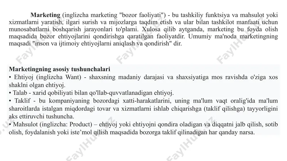 siz qilishdir. uning maqsadi mijozni shunchalik yaxshi bilish va tushunishdirki, mahsulot yoki xizmat ikkinchisiga to'liq mos keladi va o'zini sotadi”. marketingning asosiy maqsadlari: • bozorni shunday o'rganish, iste'molchilarni, firmalar tuzilmalarini, mahsulotlarni o'rganish va korxonalarning ichki muhitini tahlil qilish. • kompaniyani qiziqtirgan sohalar bo‘yicha kompaniya mahsulotlarining haqiqiy va potentsial iste’molchilarining ehtiyojlarini o‘rganish, tahlil qilish va baholash. • kompaniyaning yangi mahsulot va xizmatlarini ishlab chiqishda marketing yordami. • kompaniya faoliyat yuritayotgan yoki faoliyat yuritadigan bozorlar holati va rivojlanishini tahlil qilish, baholash va prognozlash, shu jumladan raqobatchilar faoliyatini, tayyor mahsulot sifatini boshqarish va raqobatbardoshligini o‘rganish. • logistikani tashkil etish. • kompaniyaning assortiment siyosatini shakllantirish. • kompaniyaning narx siyosatini ishlab chiqish, o'zgaruvchan sharoitlarda narxlarni o'zgartirish mexanizmini ishlab chiqish. • kompaniyaning bozordagi xatti-harakatlari strategiyasi va taktikasini shakllantirishda, shu jumladan narx siyosatini ishlab chiqishda ishtirok etish. • kompaniyaning mahsulot va xizmatlarini sotish. • marketing kommunikatsiyalari. • xizmatlar. • xaridorlar va iste'molchilarni rag'batlantirishni tashkil etish. • qiymat …