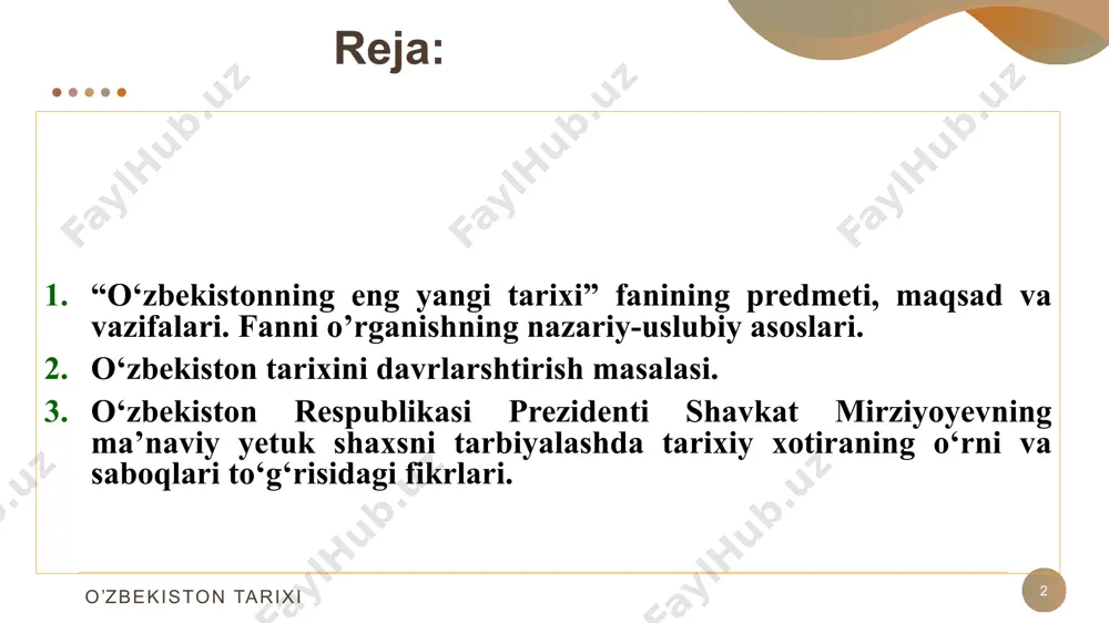 rmush tarzi xususida tushunchalarga ega bo‘lish barobarida, ularning jahon xalqlari tarixiy taraqqiyotiga qo‘shgan hissalari haqida zarur ma’lumotlarga ega bo‘lamiz. tarix xususida xolis ma’lumotlarga ega bo‘lish uchun fanning predmeti va ob’ektini to‘g‘ri belgilab olish muhim ahamiyatga ega. zero, hozirgi kunda tarixchilar oldida turgan muhim masalalardan biri bu, o‘zbek xalqi va uning davlatchilik tarixini fanning predmeti va uni o‘rganish ob’ektidan kelib chiqib, ma’lum nazariy-metodologik tamoyillarga suyangan holda haqqoniylik, xolislik asosida yoritishdan iboratdir. tarix fani ham boshqa ijtimoiy-gumanitar fanlar kabi mustaqil fan hisoblanadi. u barcha fanlar qatori alohida o‘z o‘rni va mavqeiga ega bo‘lib, ijtimoiy-gumanitar va boshqa ayrim fanlar bilan uzviy bog‘liq holda o‘rganiladi. u o‘z xususiyatiga ko‘ra, o‘tmish haqida saboq beradi, insonlarni sodir bo‘lgan voqea va hodisalar haqida kerakli xulosalar chiqarishga undaydi, kishilarni ajdodlarimizning o‘tmishdagi hayot tarzini, ular yaratgan moddiy va ma’naviy merosini qadrlashga undaydi. o‘zbekistonning eng yangi tarixini o‘rganish buyuk kelajak bilan bog‘liq istiqboldagi strategik maqsadlarimizni ham teran anglaymiz. bugungu kunda …