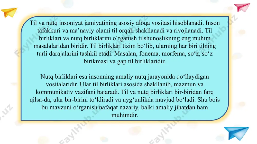 tqda turlicha mexanizmlar orqali qo‘llanadi. masalan, fonetik birlik sifatida *“o‘” va “u” tovushlari farqlanib, ma’noni o‘zgartiradi: “ol” va “ul”. leksik birlik sifatida so‘z turli kontekstlarda ma’nosini o‘zgartirishi mumkin: “yurak” so‘zi odam a’zosi ma’nosida ham, “jasorat” ma’nosida ham ishlatiladi. grammatik birliklarda esa qo‘shimcha qo‘shish orqali so‘zning vazifasi o‘zgaradi: “o‘qidi”, “o‘qimoqchi”, “o‘qituvchi”. demak, til birliklari nutqda ma’lum vaziyat va muloqot ehtiyojiga qarab ishlatiladi. til va nutq birliklarining aloqasini o‘rganish ko‘plab amaliy sohalarda foydalidir. masalan, maktabda ona tili darslarida o‘quvchilarga so‘z, gap va matnni o‘rgatishda bu bilimlar asos bo‘ladi. tarjimonlar so‘z va gaplarning ma’nosini to‘g‘ri tushunish va boshqa tilda ifodalash uchun bu aloqani yaxshi bilishi kerak. kompyuter dasturlarida ham matnni avtomatik tarjima qilish yoki ovozni matnga aylantirishda til va nutq birliklarining mexanizmlari qo‘llanadi. oddiy hayotiy misol sifatida odamning salomlashuvi ham keltiriladi: “salom” so‘zi til birligi, ammo uni og‘zaki aytish yoki yozish orqali bu nutq birligiga aylanadi. til birliklari va nutq birliklari tilshunoslikning asosiy …