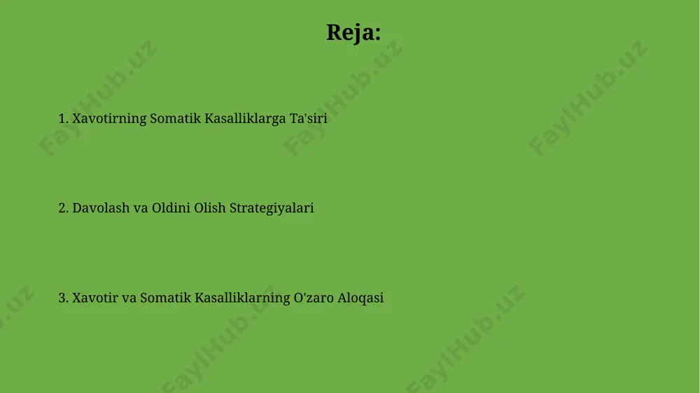 a, ayniqsa, 25-40 yosh oralig'ida toshkent shahridagi aholi orasida, yurak-qon tomir kasalliklari rivojlanishiga olib kelishi mumkin. sog'lom turmush tarzini o'rganish, jumladan, muntazam jismoniy mashqlar (haftasiga kamida 3 marta) va to'g'ri ovqatlanish, samarqand viloyatida o'tkazilgan tadqiqotlarga ko'ra, somatic kasalliklar xavfini 15% ga kamaytirishi mumkin. xavotir va somatik kasalliklarning o'zaro aloqasi jahon sog'liqni saqlash tashkiloti (jsst) ma'lumotlariga ko'ra, xavotirning surunkali shakllari terining yallig'lanish kasalliklari, masalan, ekzema va psoriaz kabi 15 dan ortiq somatic kasalliklarning rivojlanishi bilan bog'liq. aqshning milliy sog'liqni saqlash instituti ma'lumotlariga ko'ra, xavotir va stress oshqozon-ichak trakti kasalliklari, jumladan, gastrit va o'n ikki barmoqli ichak yarasi rivojlanishiga 40% gacha hissa qo'shishi mumkin. xavotir va endokrin tizim kasalliklari toshkent shahridagi tadqiqotlar shuni ko'rsatdiki, xavotirli buzilishlari bo'lgan bemorlarda buyrak usti bezi kasalliklari (addison kasalligi kabi) 5-10% tezroq rivojlanadi. xavotirning 30% dan ortiq hollarda qalqonsimon bez faoliyatining buzilishi bilan bog'liqligi, ayniqsa, ayollar orasida (o'zbekiston respublikasi sog'liqni saqlash vazirligi ma'lumotlariga ko'ra) kuzatiladi. xavotirni davolash …