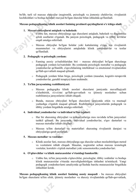 anish jarayonlari muntazam ravishda baholanadi va monitoring qilinadi. bu orqali o'qitish jarayonida qo'shimcha tuzatishlar kiritish mumkin. maxsus pedagogikaning klinik asoslari, aslida, nafaqat ta'lim, balki sog'liqni saqlash, psixologiya, va jamiyat bilan o'zaro aloqalarni ham o'z ichiga oladi. shu sababli, bu sohada ishlash uchun ko'plab ixtisoslashgan mutaxassislar (psixologlar, pedagoglar, tibbiy xodimlar) birgalikda ishlashlari zarur. maxsus pedagogikaning klinik asoslari fani predmeti maxsus ehtiyojlari bo'lgan shaxslarni ta'lim, rivojlantirish va reabilitatsiya qilish bo'yicha ilmiy va amaliy yondoshuvlarni o'z ichiga oladi. ushbu fan, shaxsning pedagogik rivojlanishiga klinik yondoshuvlarni qo'llashga qaratilgan bo'lib, turli xil maxsus ehtiyojlar (nogironlik, psixologik va jismoniy cheklovlar, rivojlanish kechikishlari va boshqa holatlar) mavjud bo'lgan shaxslar bilan ishlashda qo'llaniladi. maxsus pedagogikaning klinik asoslari fanining predmeti quyidagilarni o'z ichiga oladi: 1. maxsus ehtiyojlarni aniqlash va baholash: · ushbu fan, maxsus ehtiyojlarga ega shaxslarni aniqlash, baholash va diagnostika qilish usullarini o'rgatadi. bu jarayon psixologik, pedagogik va tibbiy ko'riklar orqali amalga oshiriladi. · maxsus ehtiyojlar bo'lgan bolalar …