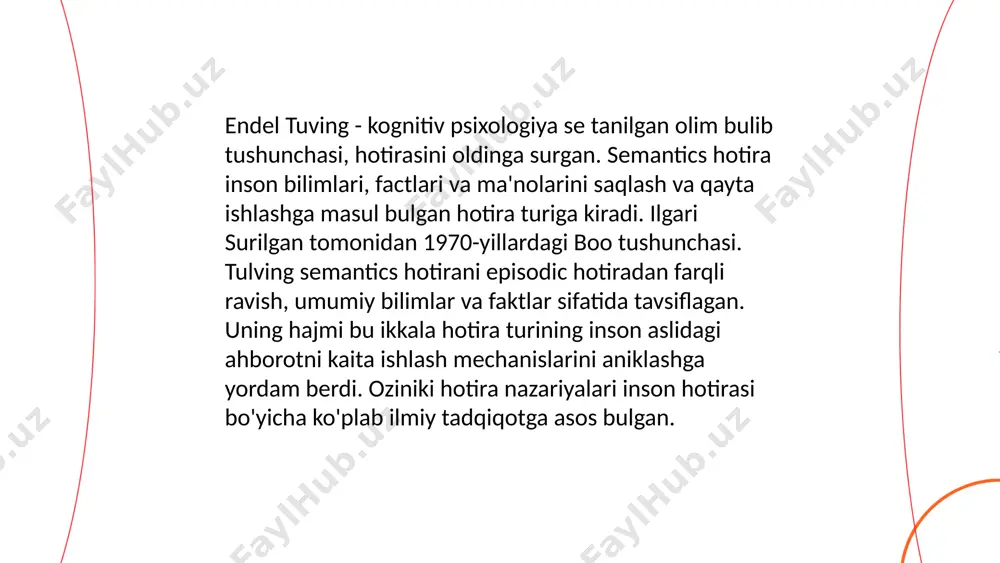 clarative tour, factlar va voqealarni uzoq eslab kolish bilan boglik, va ikki turga bulinadi: episodic (shahsiy odgorliklar) va semantics (umumiy bilimlar). nodeclarative hotira automatic khulq-atvor va qiziqishni, masalan, bicycle mingandek kunikishlarni uz oladi. bu hotiralarning har biri o'z xususiyiyatlari buyicha miyaning turli qismlarida joylashgan. эндель тульвинг, евгений климов, м.акрамов, xotira xaqida uzbekcha toliq malumot norboyeva shoxista e'tiboringiz uchun raxmat! image1.png image2.png image3.png image4.jfif image5.png image6.jfif image7.jfif image8.jfif /docprops/thumbnail.jpeg