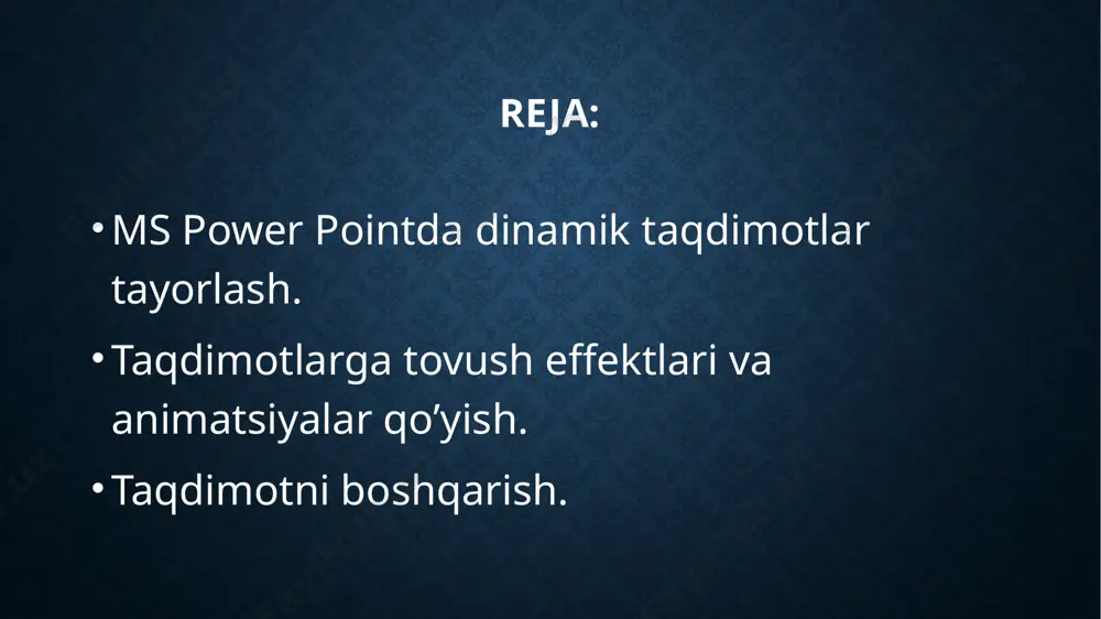 sosiy manyuning yordamida foydalanuvchi menyu yordamida bajariladigan barcha funksiyalarni amalga oshirish mumkin. ishch oynasi asosan ikki qisimdan iborat bo’ladi. oynaning chap tomoni bu ishlanayotgan taqdimot strukturalarining nomayon bo’lishini ko’rish mumkin. o’ng tomonida esa yaratilayotgan taqdimotning joriy slaydi joylashadi. taqdimotlarga tovush effektlari va animatsiyalar buning uchun joylashtirish menyusining multimedia bo`limidan foydalanish mumkin. bu yerda звук bo`limidan tovush effektlarini to`g`irlash mumkin. taqdimotlarga animatsiyalar joylashtirish buning uchun animatsiya menyusidan foydalaniladi. slayddagi effekt berilishi kerak bo’lgan saxifa tanlanadi va belgilab olinadi, natijada “animatsiya” bo’limi faollashadi. siz undan kerakli animatsiyani tanlab joylashtirish mumkin. animatsiya turini tanlash oynasi taqdimotni boshqarish prеzеntatsiyalarni turli ko’rinishlarda namoyish etish mumkin. bu ko’rinishlar mеnyuning «вид» qismidan tanlanadi. «слайды» – prеzеntatsiyani slaydlar ko’rinishida ko’rsatish. «структура» – bu band tanlanganda prеzеntatsiya nеchta slayddan iborat bo’lsa ular ro’yxati nomlari va ularga tavsiflari bilan ko’rinadi. «сортировщик слайдов» - bu band tanlanganda esa prеzеntatsiya nеchta slayddan iborat bo’lsa, ularning hammasi kichik ko’rinishda tartiblanib, nomеrlab joylashtiriladi. bu …