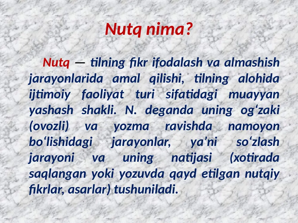 iz sezgi, idrok vositasi bilan bilib olishimiz mumkin bolmagan narsa yoki hodisalarni, narsa yoki hodisalarning xususiyatlarini, ularning boglanish va munosabatlarini tafakkur vositasi bilan bilib olamiztafakkur — inson miyasining alohida funksiyasi. uning nerv fiziologik asosi birinchi va ikkinchi signal sistemalarining oʻzaro munosabatidan iborat. tafakkur jarayonida insonda fikr, mulohaza, gʻoya, faraz kabilar vujudga keladi va ular shaxsning ongida tushunchalar, hukmlar, xulosalar shaklida ifodalanadi (qarang ong). tafakkur til va nutq bilan chambarchas bogʻliq ravishda namoyon boʻladi. fikrlash faoliyati nutq shaklida namoyon boʻladi. nutq va tafakkurning bog`liqligi nutq aloqasi jarayonida insonning hissiy mushohada doirasi kengayib qolmay, orttirilgan tajriba boshqa kishilarga ham beriladi. inson oʻzining tafakkuri, nutqi hamda ongli xatti-harakati bilan boshqa mavjudotlardan ajralib turadi u fikr yuritish faoliyatida oʻzida aks ettirgan, idrok qilgan, tasavvur etgan narsa va hodisalarning haqiqiyligini aniqlaydi, hosil qilingan hukmlar, tushunchalar, xulosalar chin yoki chin emasligini belgilab oladi. inson tafakkuri orqali voqelikni umumlashtirib, bevosita (bilvosita) aks ettiradi, narsa va hodisalar oʻrtasidagi …