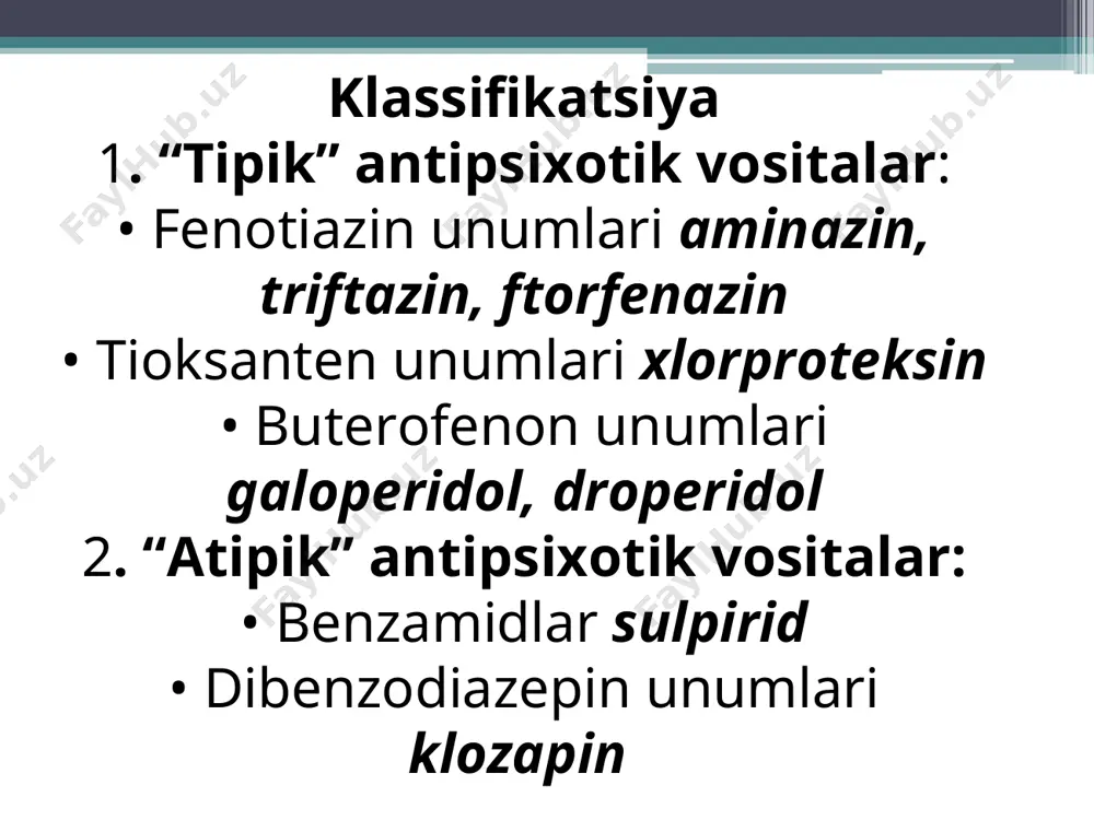 tivlik xossasi bilan uyg‘unlashgan. preparatning yaxshi tomoni shuki, u kamroq ekstrapiramid o‘zgarishlar chaqiradi. miorelaksantlarga xos ta’sir ko‘rsatadi, analgetik va uxlatuvchi vositalar ta’sirini kuchaytiradi. markaziy va periferik antixolinergik ta’siri kuchli. periferik alfa-adrenolitik ta’siri yaxshi namoyon bo‘ladi. presinaptik membranalaridan dofamin ajralishini kamaytiradi. aminazin va boshqa fenotiazin unumlari kabi kuchli umumiy susaytiruvchi ta’sir ko‘rsatmaydi. klozapinni bemorlar yaxshi qabul qiladilar, lekin uyqusirash, es-xushni xiralashishi, mushaklarning xolsizligi, ortostatik gipotenziya, taxikardiya, og‘iz qurishi kabi noxush ta’sirlar rivojlanadi. rezerpin-neyroleptik, antipsixotik vosita sifatida hozirda kam, faqat boshqa neyroleptiklarni ishlatib bo‘lmaydigan xollarda qo‘llaniladi. neyroleptiklarni qo‘llash: psixozlar (alaxsirash), ruhiy xastaliklar (ayniqsa kuchli tajavuzkorlik, qo‘zg‘alish, alaxsirash va gallyusinatsiyalar bilan kechadiganlarida); - dorilarga qaramlik (tobelik)ni to‘xtatishda; qayt qilish va xiqchoq tutishni to‘xtatishda; - anesteziologiyada (suniy gibernatsiya, narkotik, uxlatuvchi, analeptik vositalar ta’sirini kuchaytirish, neyroleptanalgeziya); anksiolitiklar (anxius-hayajon, qo‘rquv qamragan, lysis-eritish). anksiolitiklarning asosiy xossalari bu hayajon, qo‘rquv, bezovtalanish, taja-vuzkorlik, tez jahl chiqish kabi belgilarni bartaraf etishdir. ular ta’sirida tinchlantirish, atrof muhitga befarqlik, bosiqlik, kamxarakatlik rivojlanadi. …