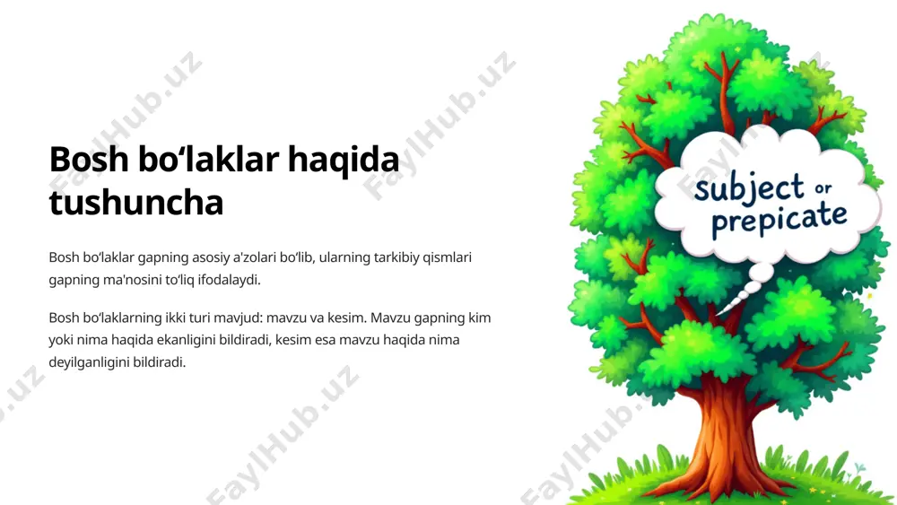 a ham ta'sir qiladi. norasmiy uslub norasmiy uslubda yozilgan matnlar koʻpincha kundalik soʻzlashuv tili bilan bir xil boʻlib, bosh boʻlaklar tuzilishi ham oʻziga xos tarzda boʻladi. badiiy uslub badiiy uslubda yozilgan matnlar badiiy tasvirlarga boy boʻlib, bosh boʻlaklar tuzilishi ham oʻziga xos badiiy xususiyatlarni aks ettiradi. ilmiy uslub ilmiy uslubda yozilgan matnlar aniq va qat'iy boʻlib, bosh boʻlaklar tuzilishi ham aniq va qat'iy qoidalarga amal qiladi. e'tiboringiz uchun raxmat. taqdimot davomida siz gap boʻlaklari va bosh boʻlaklar haqida bilib oldingiz. ushbu ma'lumotlar grammatik qoidalarni yaxshiroq tushunishga yordam beradi. image1.png image2.png image3.png image4.png image5.png image6.png image7.png image8.png image9.png image10.png image11.png image12.png image13.png image14.png