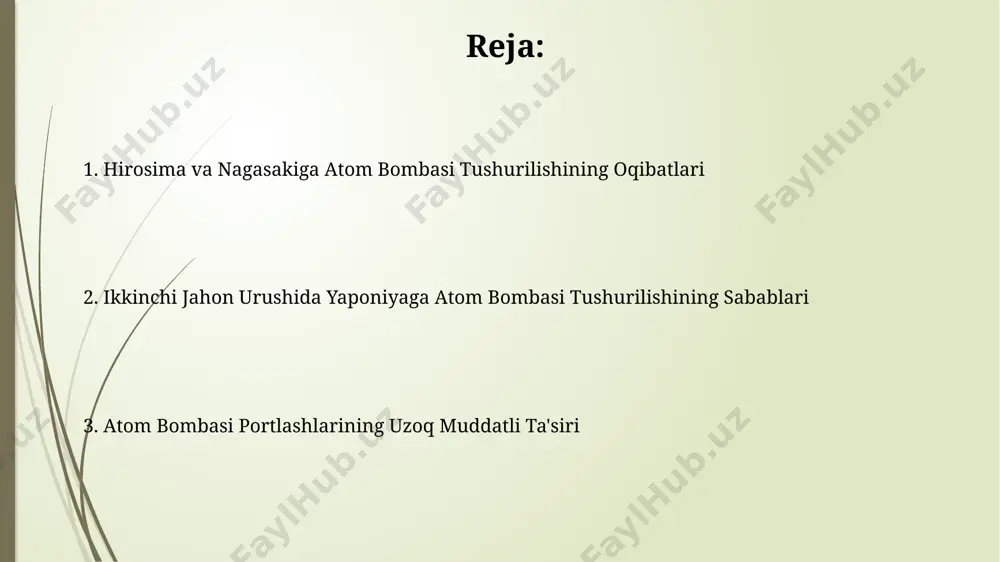 н бўлишига сабаб бўлган. yaponiyaning taslim bo'lishi amerika qo'shma shtatlari tomonidan hirosima va nagasakiga atom bombalarining tashlanishi 200 mingdan ortiq odamning halok bo'lishiga olib keldi va yaponiya hukumatining tinchlik muzokaralari o'tkazishga majburlashda hal qiluvchi rol o'ynadi. sovet ittifoqining 9 avgustda manchuriyaga bostirib kirishi yaponiya armiyasi uchun kutilmagan va hal qiluvchi zarba bo'ldi, ularning taslim bo'lish qaroriga sezilarli ta'sir ko'rsatdi. zamonaviy dunyoga ta'siri атом бомбаларининг портлаши натижасида ер юзидаги 100 км² майдон радиация билан ифлосланди ва бу ҳудудда яшаётган аҳоли учун ўнлаб йиллар давомида соғлиққа салбий таъсир кўрсатди, бу эса генетик ўзгаришларга ва касалликларга олиб келди. хиросима ва нагасакига атом бомбалари ташланишидан кейинги 200 000 дан ортиқ қурбон бўлганлар сони глобал миқёсда ядровий қурол тарқалишига тўсқинлик қилишга қаратилган халқаро шартномалар ва келишувлар тузилишига туртки бўлди. atom bombasi axloqiy jihatlari atom bombalarining qo'llanilishi xalqaro huquqning asosiy tamoyillarini, xususan, tinch aholi himoyasi haqidagi 1907 yilgi gaağa konvensiyasini jiddiy ravishda buzdi va ko'plab inson …