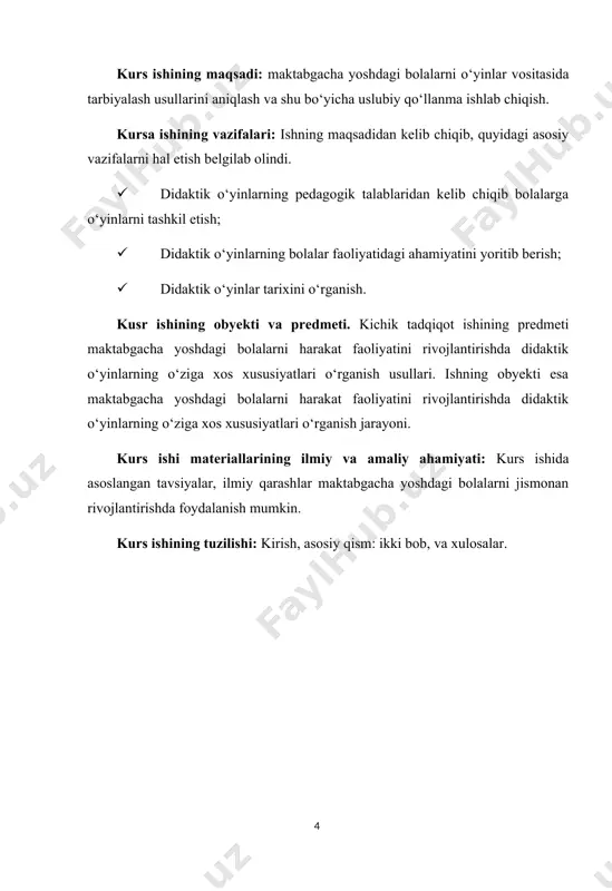 ada muhim vazifalar belgilab berilgan. organizmga har tomonlama tanlab ta’sir ko‘rsatuvchi mashqlarning turlitumanligi maktabgachabolalarining yosh o‘zgarishiga, sog‘ligiga va jismoniy tayyorgarligiga, rivojlanishiga, jinsiga qarab tuzilmog‘i kerak. maktabgacha yoshidagi bolalarning har tomonlama rivojlanishiga e’tibor berarkanmiz, albatta, ularning harakatlariga, ya’ni oddiy yurish, yugurish o‘tirish, uloqtirish, tepish, sakrash, tirmashish kabi harakat malakalarini xisobga olish kerak. kichik yoshdagi bolalarda ya’ni 3 yoshli bolalarda bilim doirasi tor bo‘lganligi sababli, diqqati doimo chalg‘ib turadi. shuning uchun bolalarga oddiy va ular tushunadigan o‘yinlarni o‘rgatish lozim bo’ladi. bunday o‘yinlarda qush va hayvonlar yoki ularning rasmlari, o‘yinchoqlar, ertaklardan foydalanish maqsadga muvofiq bo‘ladi. shu yoshdagi bolalarni o‘yinlarga o‘rgatishda mashqlar katta ahamiyatga egadir. bunday o‘yinlarda bolalarga oddiy topshiriqlar, harakatlar masalan bayroqchani olib kelish, koptokga yetib olish kabi topshiriqlarni beriladi. harakatlar esa (yurish, yugurish va boshqalar) bolalarga tanish hamda qiynalmasdan bajariladigan bo’lishi lozim. mazmuni bolalarga tanish va harakatlarga singdirib yuborilgan o‘yinlarni kichkintoylar qiziqish bilan o‘ynaydilar. bu esa kichkintoylarning harakat faoliyatini rivojlantirish ularni ochiq …