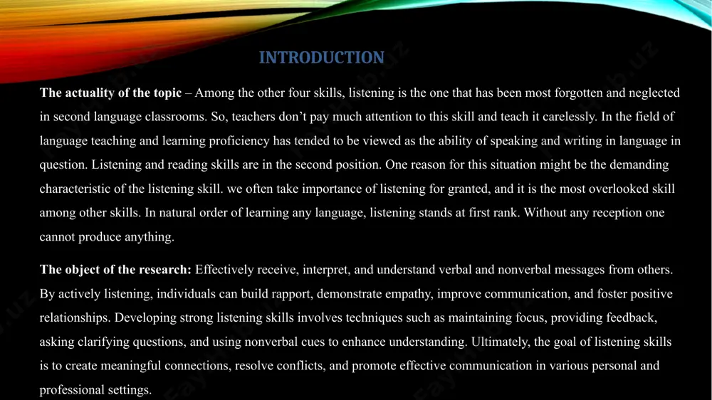sed awareness of power dynamics within knowledge and representation. chapter ii developing listening skills 2.1. active listening what is active listening. active listening is a technique most typically associated with counselling. it is a deep type of listening in which the listener focuses on what a speaker is saying and tries to completely understand. responses are made based on this deep understanding of what has been said, and responses themselves are typically empathetic and understanding of the listener. because of the emphasis on engagement between speaker and listener, including a focus on emotional engagement, active listening is most typically associated with counselling, conflict resolution, and training, since the listener needs to be able to address a range of problems being voiced by the speaker. despite the general focus of using active listening in careers that involved engagement meant to address conflict, the concept has also been applied to the area …