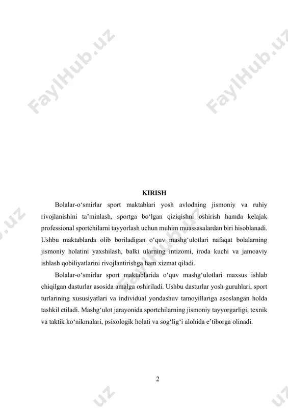a o‘smirlar turli sport turlariga qiziqish bildirishi, o‘z qobiliyatlarini rivojlantirishi va kelajakda professional sportchilar sifatida shakllanishi uchun zaruriy sharoitlar yaratilgan. zamonaviy sport maktablari jismoniy tarbiya va sportni ommalashtirish, yosh avlodni sog‘lom hayot tarziga jalb etish, ularning sportga bo‘lgan qiziqishini oshirish hamda milliy va xalqaro darajadagi musobaqalarga tayyorlashni asosiy vazifasi deb biladi. shu bois, bolalar-o‘smirlar sport maktablarida olib boriladigan o‘quv mashg‘ulotlari maxsus ilmiy-uslubiy yondashuvlar asosida ishlab chiqilgan bo‘lib, har bir yosh toifasi va sport turiga mos ravishda tuziladi. sport mashg‘ulotlarining asosiy maqsadi bolalarning jismoniy qobiliyatlarini oshirish, ularni musobaqalarga tayyorlash, chidamlilik, tezkorlik, epchillik kabi muhim jihatlarni rivojlantirish bilan birga, ularning ruhiy mustahkamligini ham shakllantirishdan iborat. bundan tashqari, sport maktablarida intizom, maqsad sari intilish, mashaqqatlarni yengish kabi fazilatlarni singdirish ham muhim sanaladi. mazkur savolga javob topish uchun sport maktablarining mashg‘ulot jarayonlari, metodik yondashuvlari, murabbiylar faoliyati, sportchilarni musobaqalarga tayyorlash jarayoni va sportchilar uchun yaratilgan shart-sharoitlar atroflicha tahlil qilinadi. shuningdek, jahon tajribasi va innovatsion yondashuvlardan …